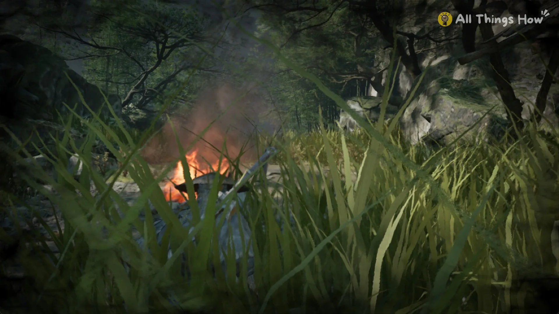 Crouched in tall grass with the screen edges darkened near a campfire bandit in Phantom Blade Zero