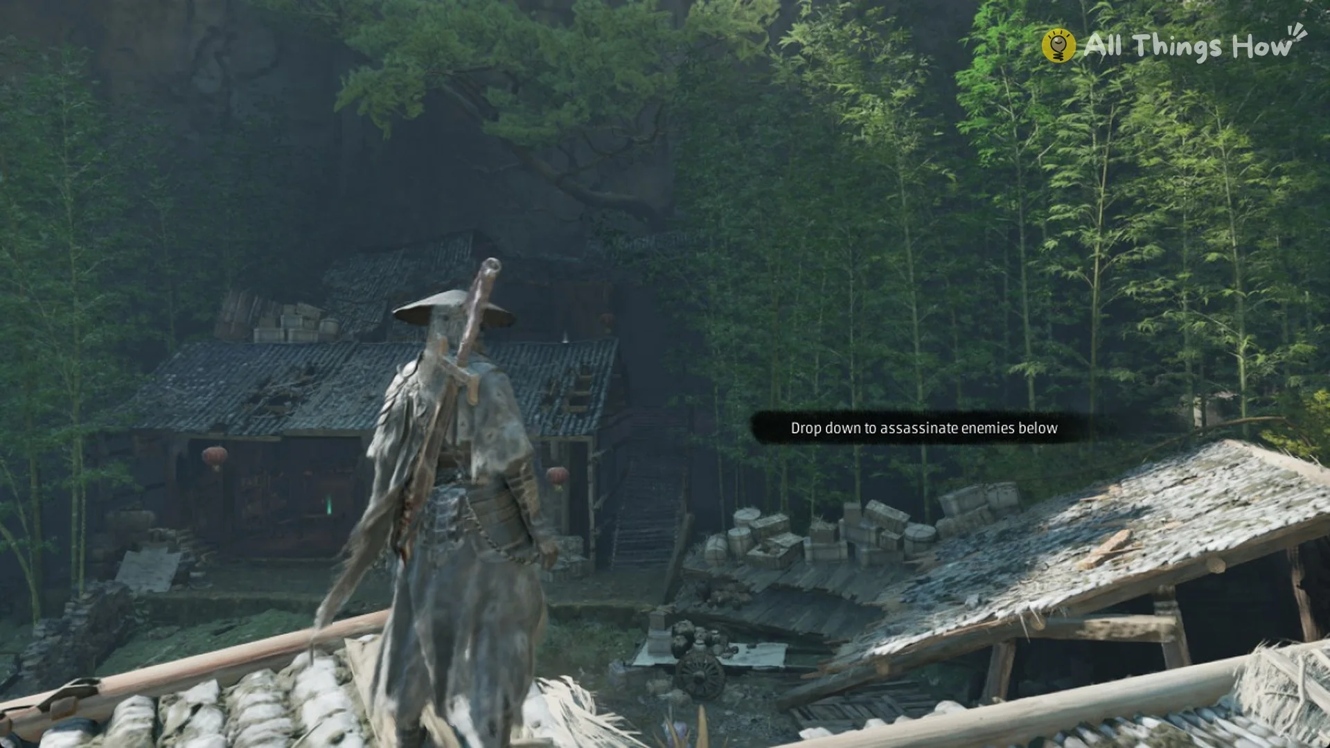 The Drop down to assassinate enemies below tutorial on a rooftop in Phantom Blade Zero