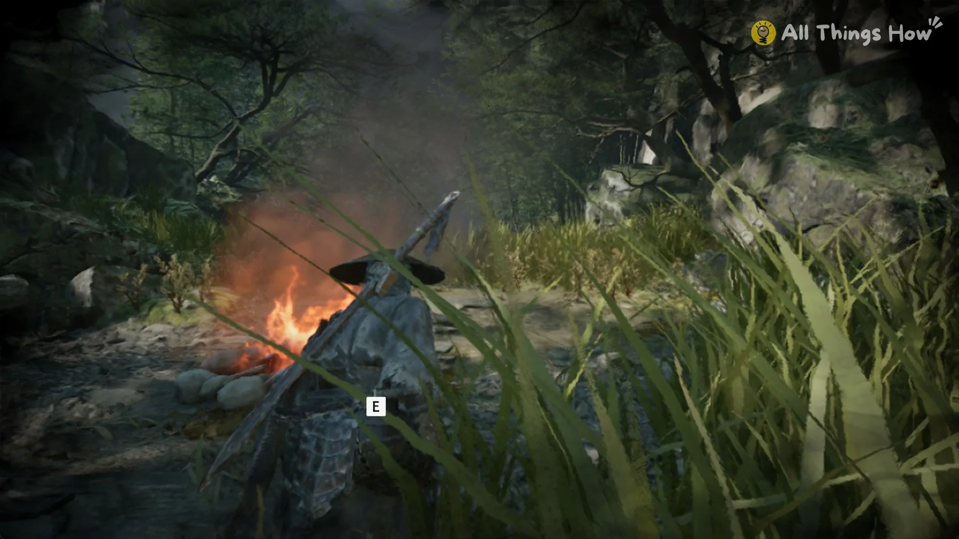The E prompt on a bandit's back for a stealth assassination in Phantom Blade Zero