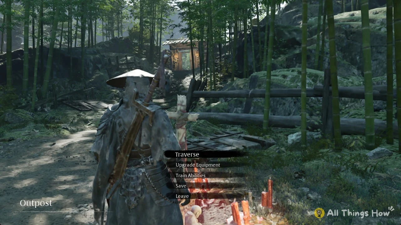 Warrior in a straw hat stands at the candlelit Outpost bell in a bamboo forest with a menu of options beside him.
