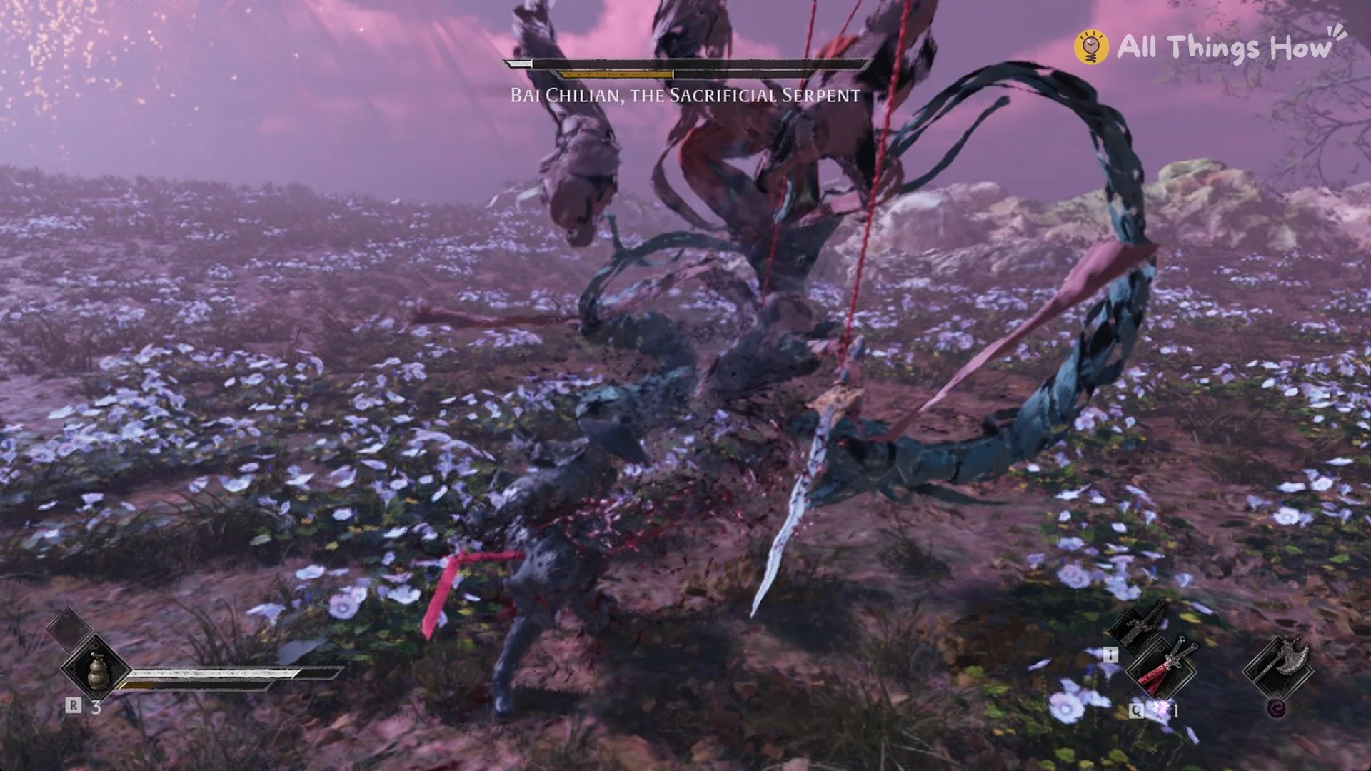 Soul facing Bai Chilian and her serpent coils on a flower field under a pink sky, Phantom Blade Zero