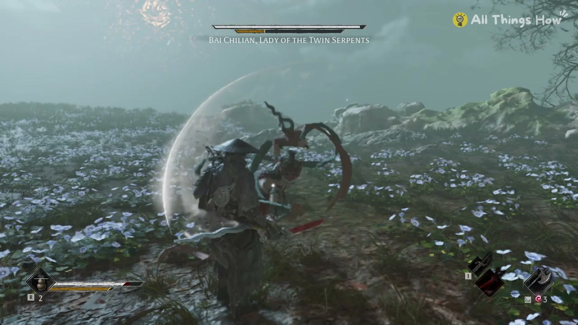Bai Chilian cutting a white crescent arc around Soul with red ribbons whipping behind her blade, Phantom Blade Zero