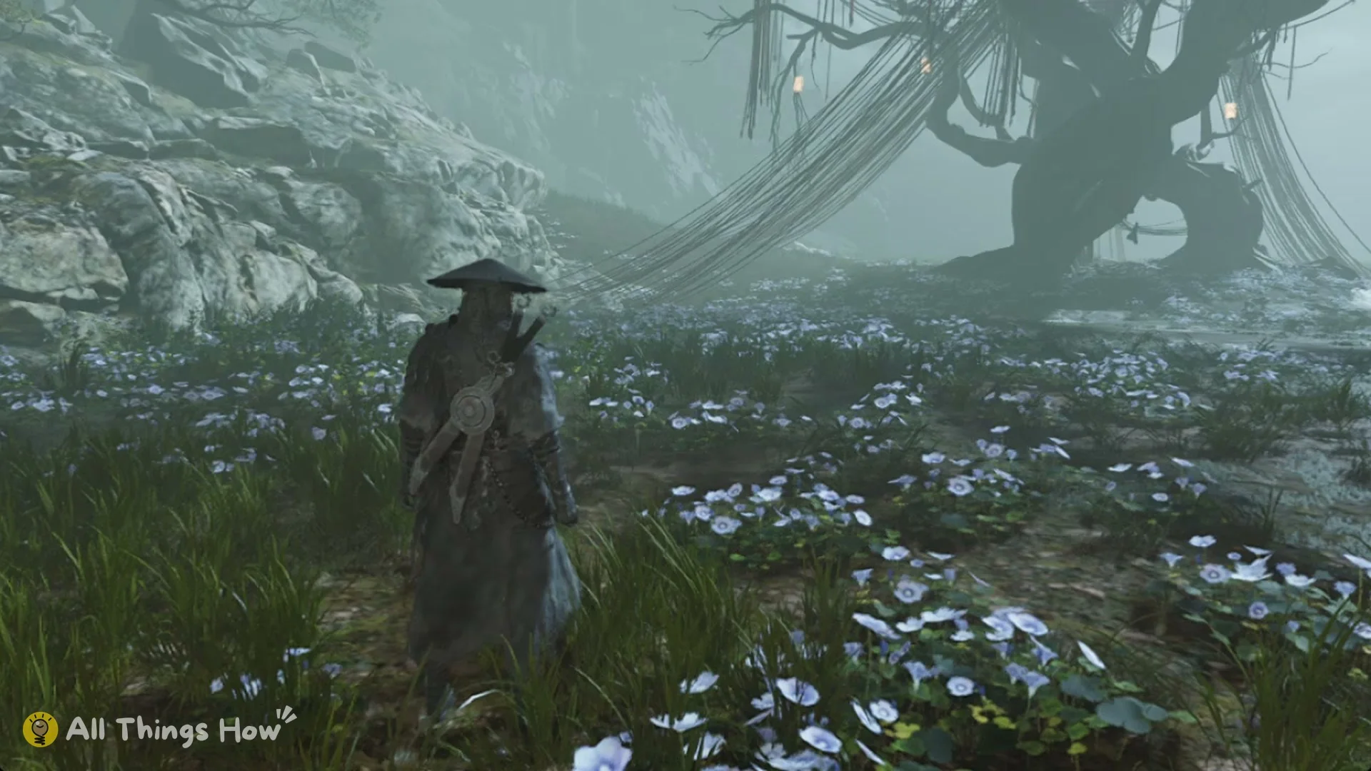 Soul at the edge of the misty flower field under a huge twisted tree hung with threads, where Bai Chilian is fought in Phantom Blade Zero