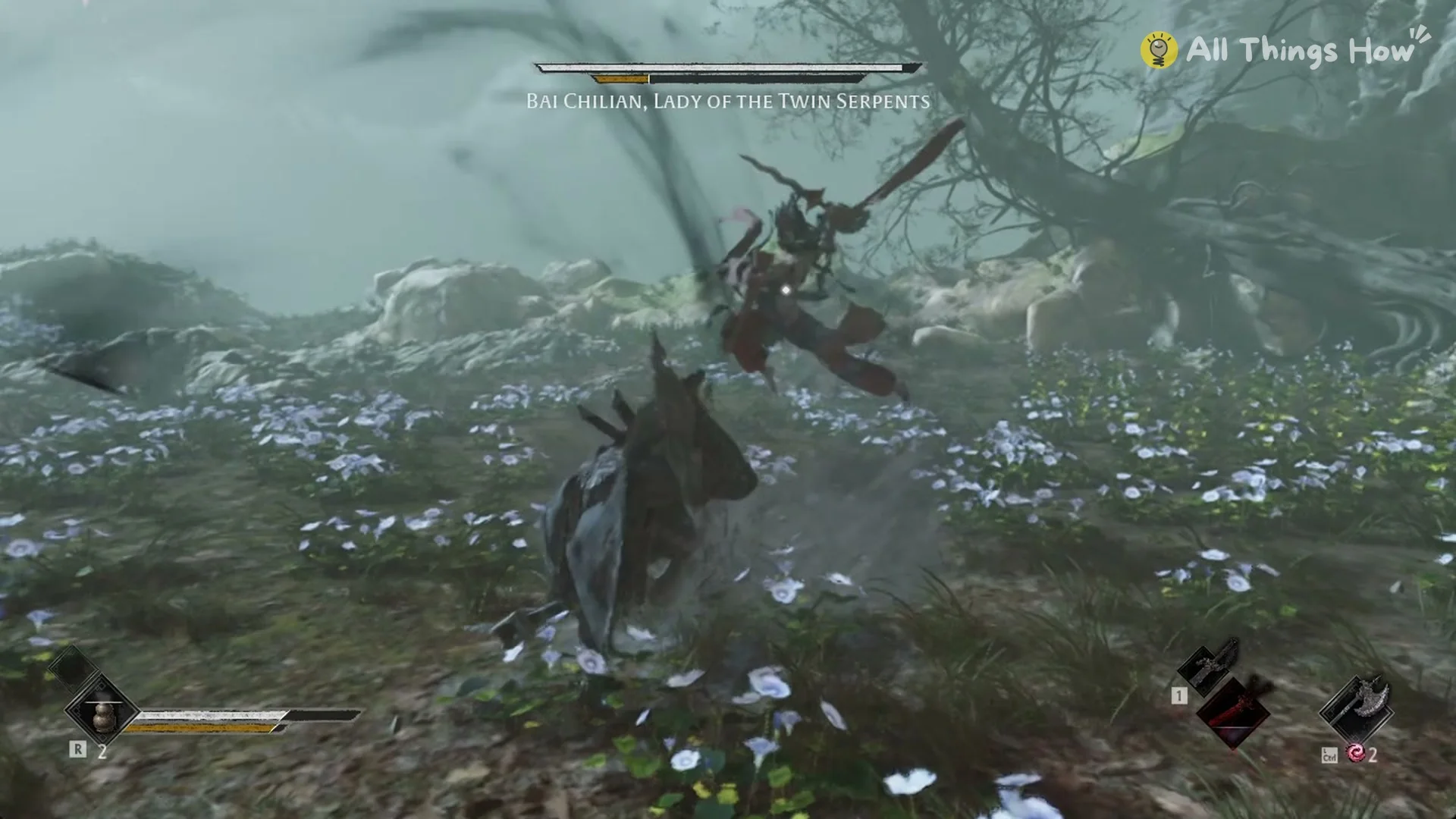 Bai Chilian leaping through the air with her long blade toward Soul, Phantom Blade Zero