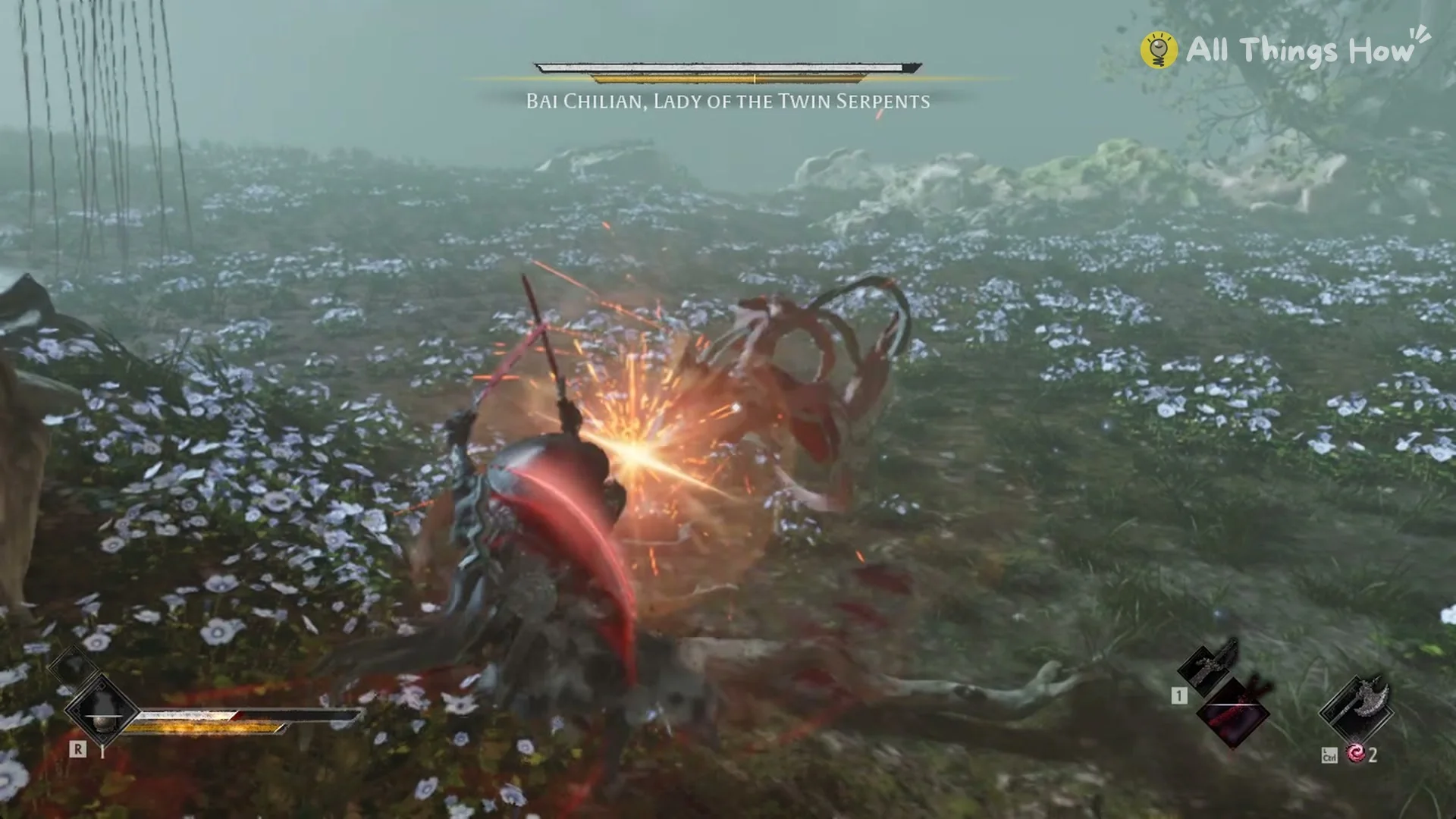 Sparks flying as Soul parries the blade of Bai Chilian, Phantom Blade Zero