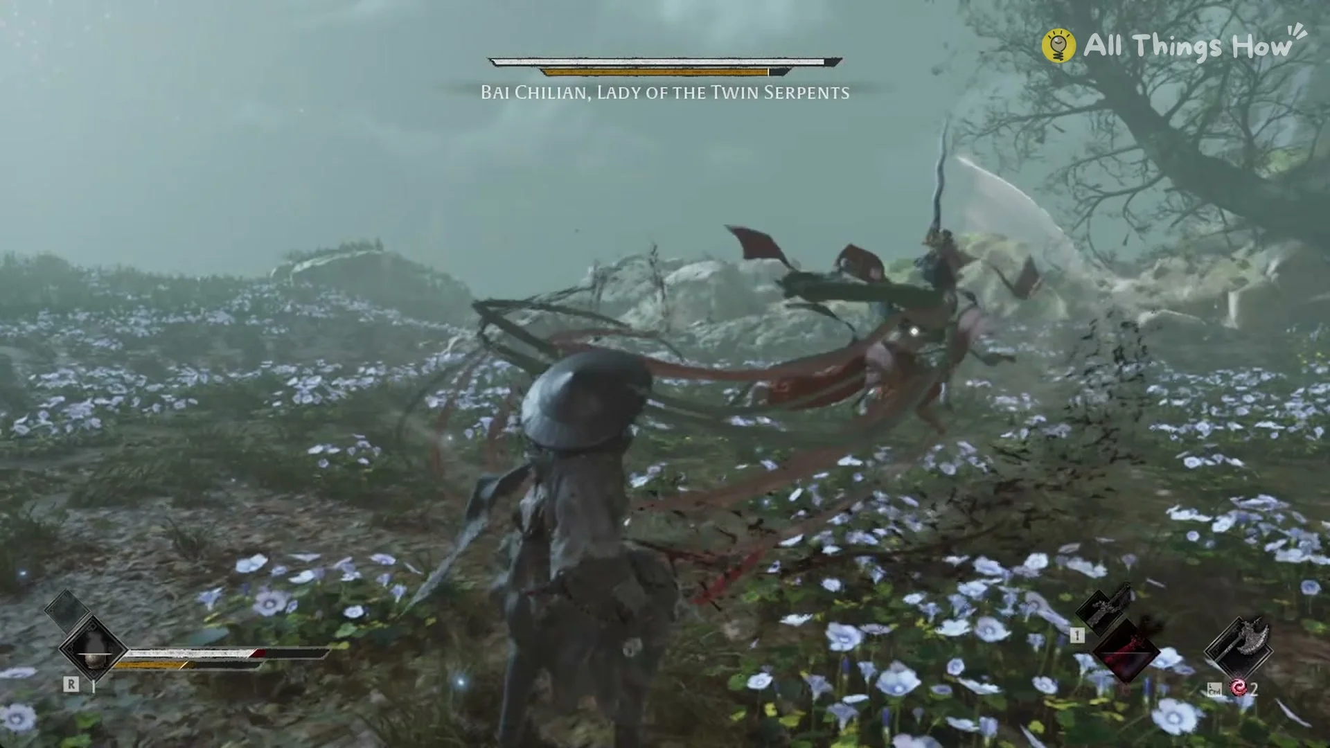 Bai Chilian lashing her red ribbons as she cuts in close to Soul, Phantom Blade Zero