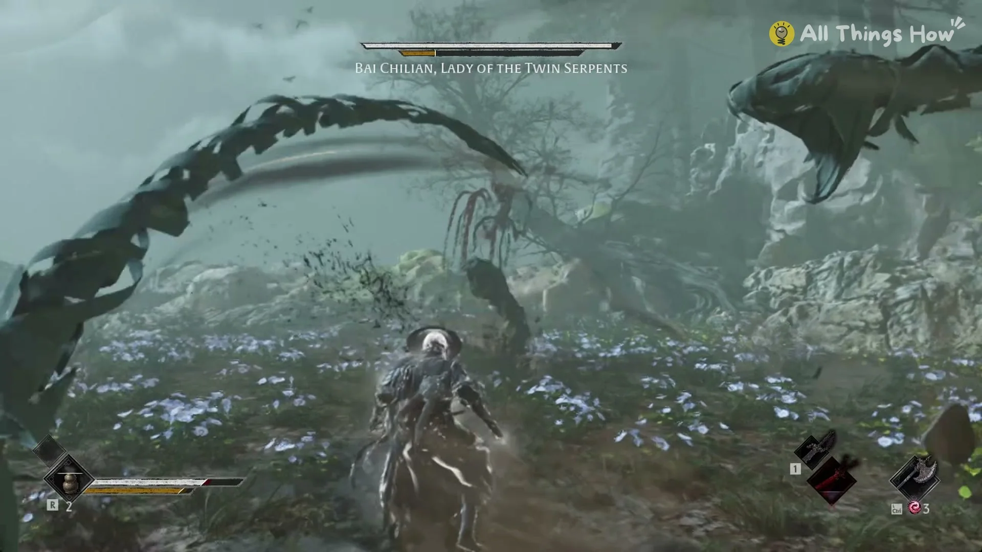 Giant serpents rising from the flower field around Soul in the Bai Chilian boss fight, Phantom Blade Zero