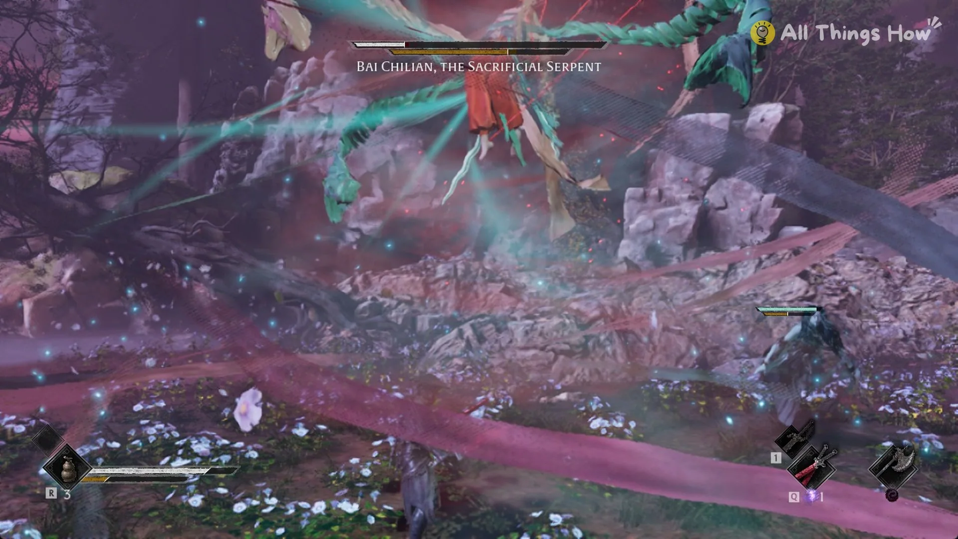 A burst of glowing teal serpents and red ribbons around Bai Chilian, the Sacrificial Serpent, Phantom Blade Zero