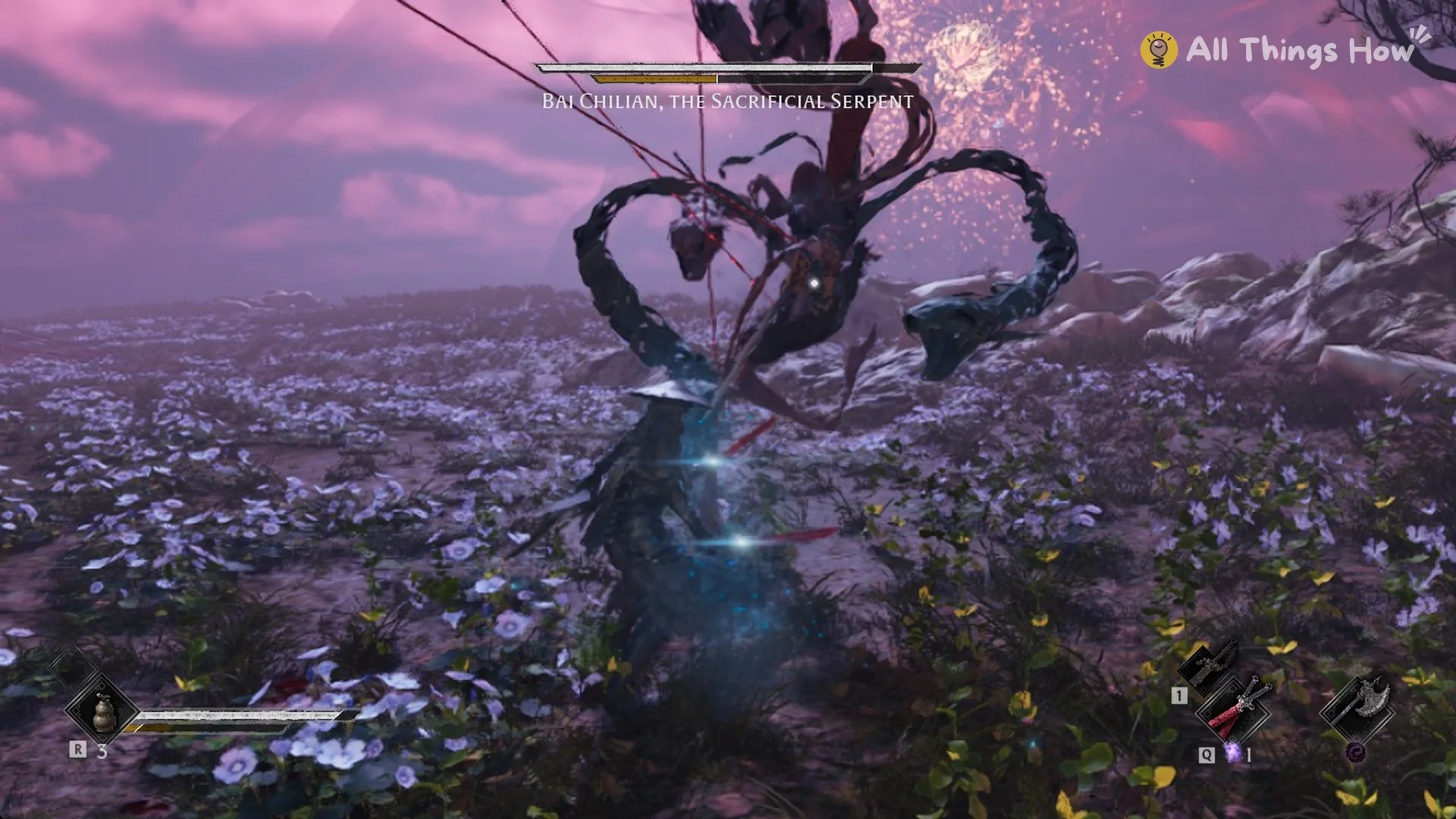 Serpent coils striking at Soul under a pink sky in the Bai Chilian, the Sacrificial Serpent phase, Phantom Blade Zero