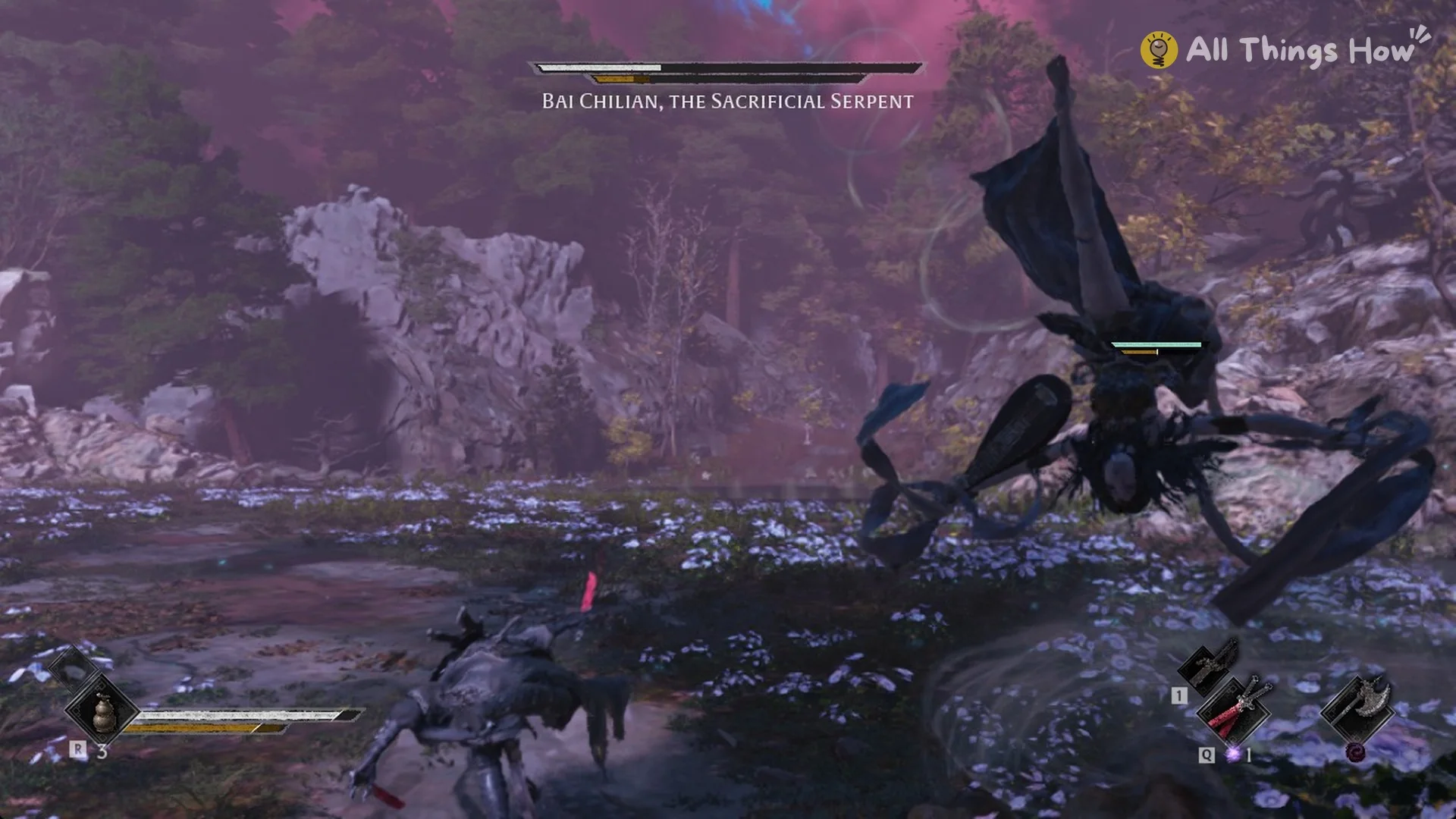 Bai Chilian, the Sacrificial Serpent scuttling across the field on serpent coils toward Soul, Phantom Blade Zero
