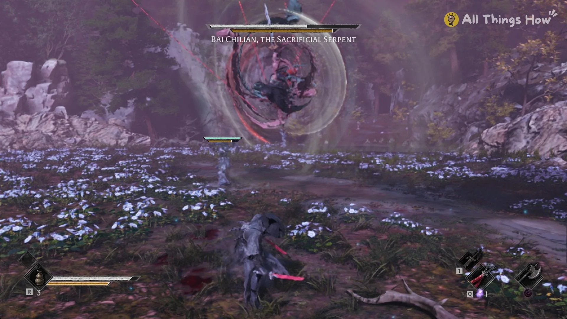Bai Chilian, the Sacrificial Serpent spinning in the air inside a ring of serpent bodies, Phantom Blade Zero