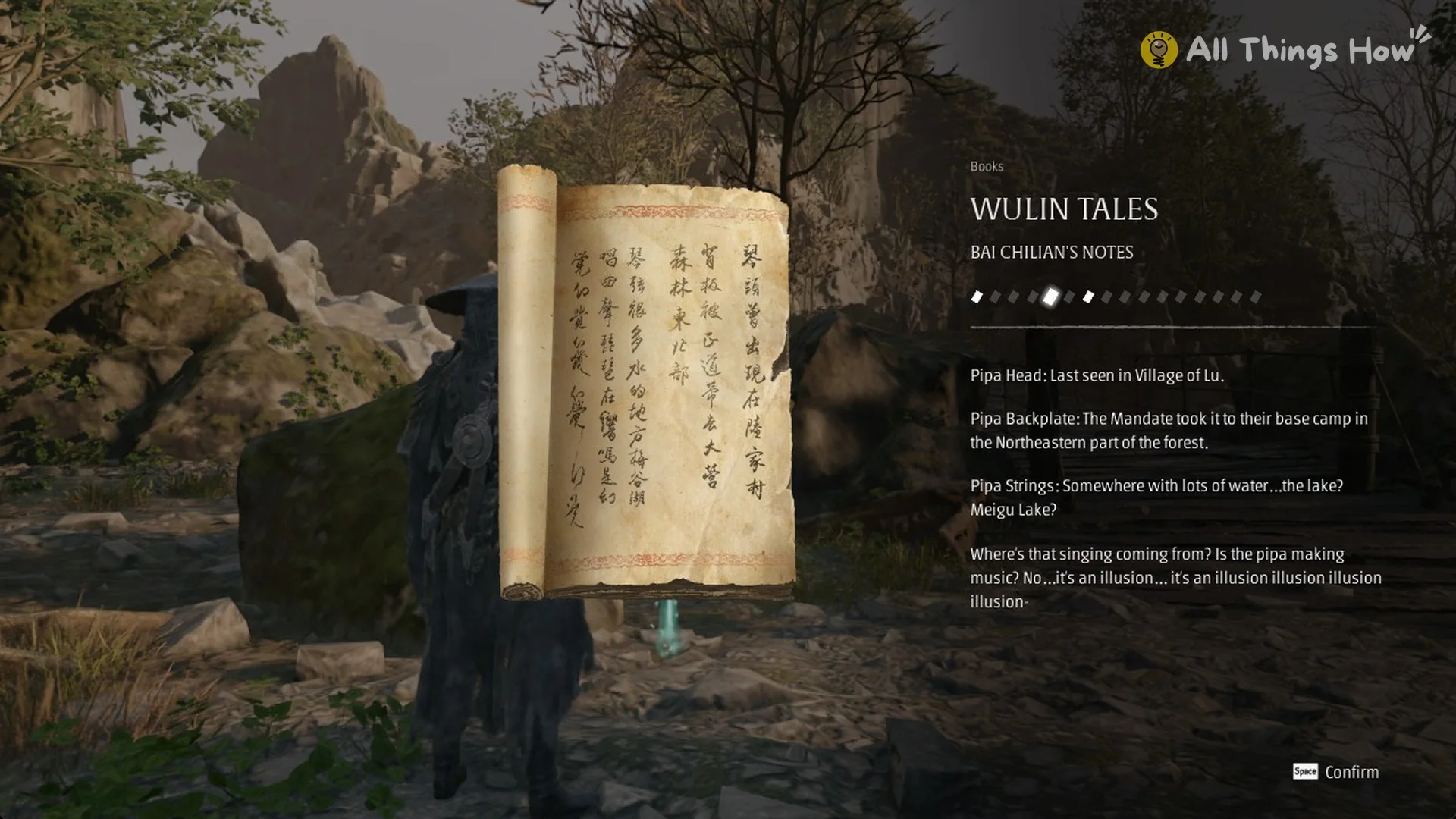 The Wulin Tales book Bai Chilian's Notes open on screen, Phantom Blade Zero