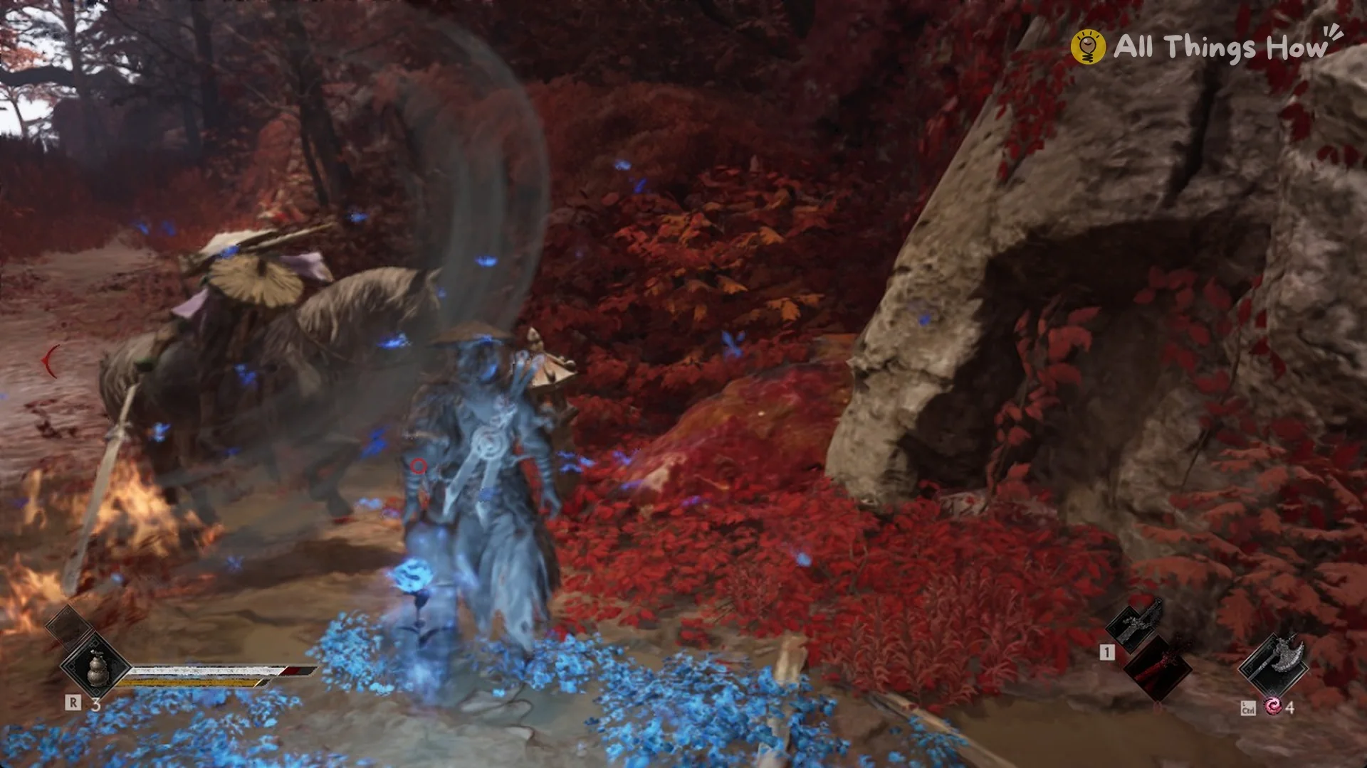 The mounted Bandit Sword Rider charging on the path by the blue flowers west of Outlaw Trap in Phantom Blade Zero