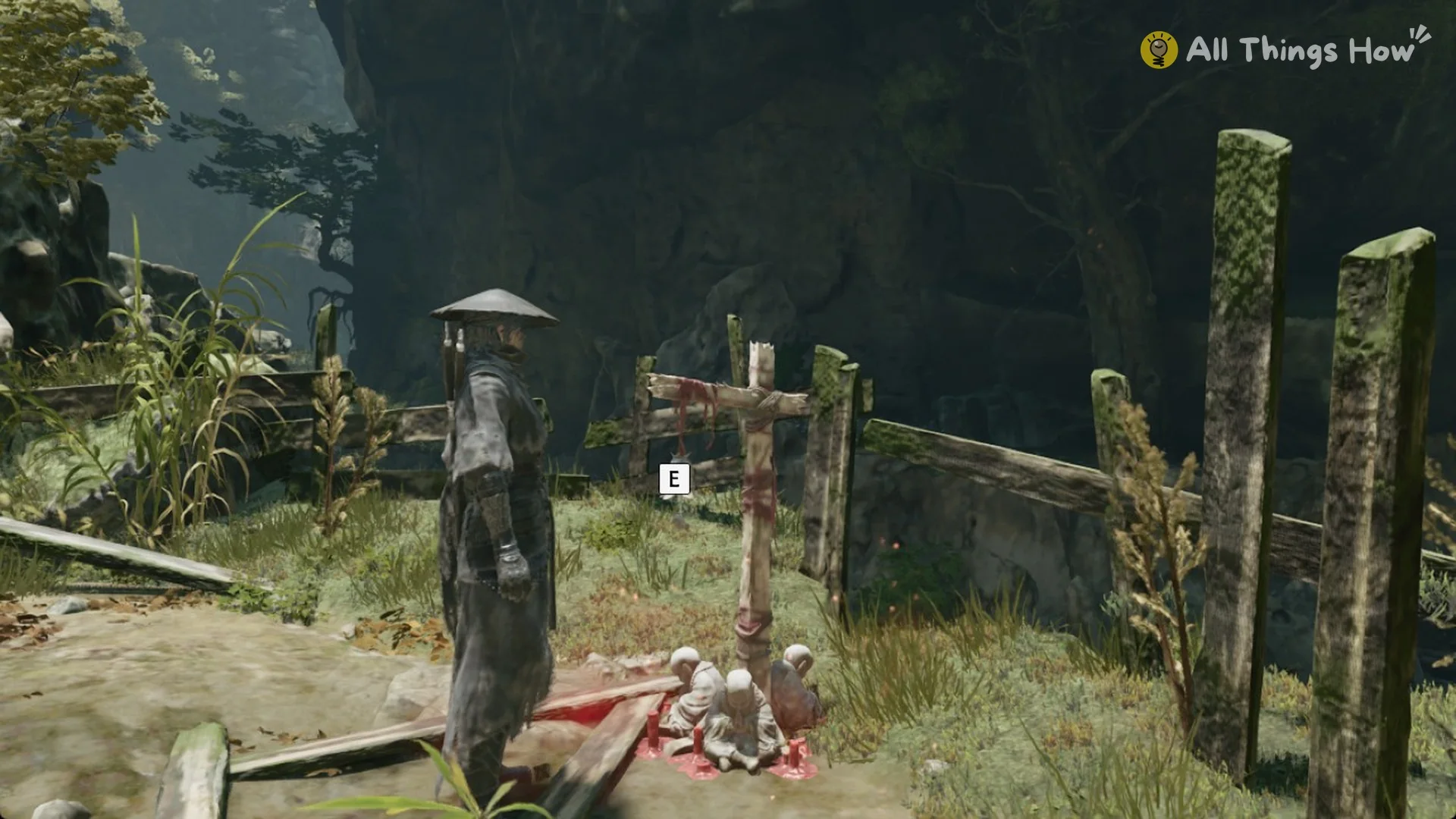 Soul next to a wooden cross with offerings by a fence in Weeping Creek Valley, Phantom Blade Zero