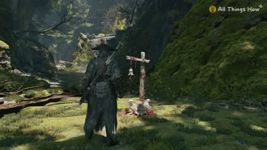 Soul standing beside The Beginning, the first bell pole with red cloth, in Phantom Blade Zero