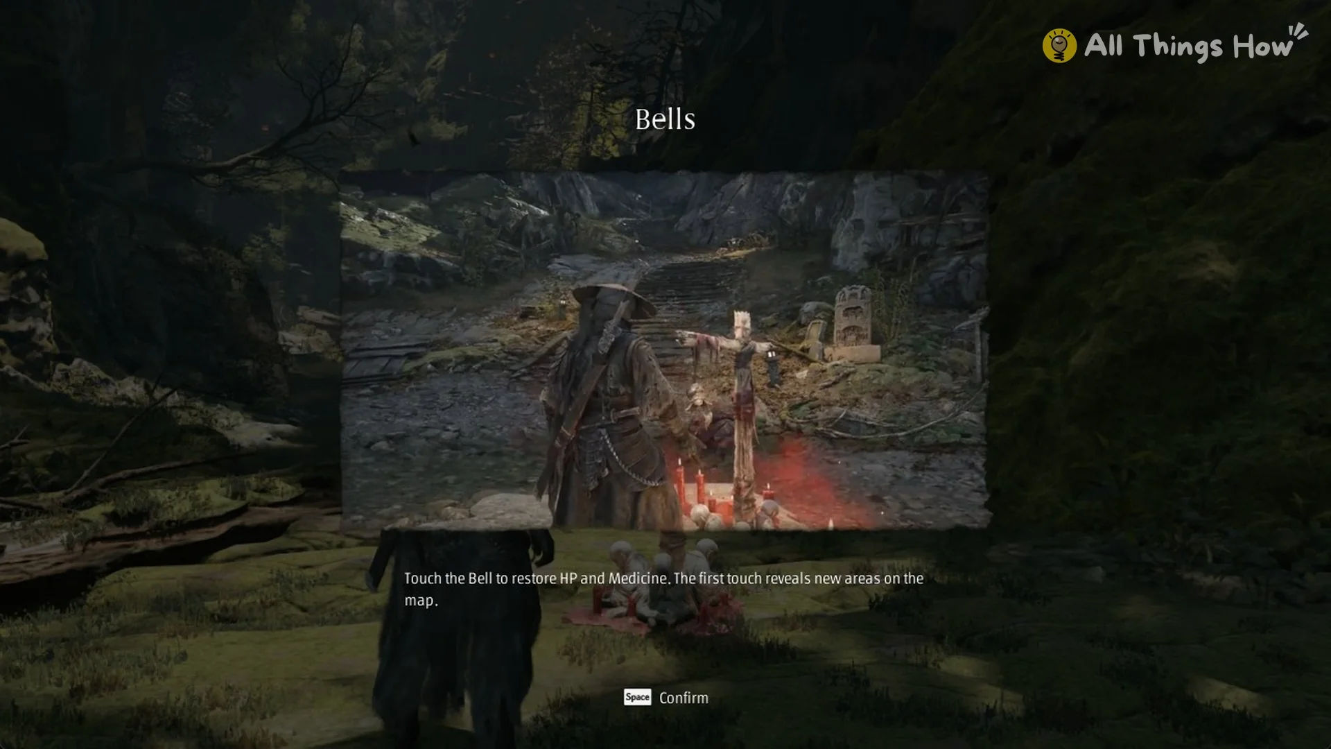 The Bells tutorial card: touch the Bell to restore HP and Medicine, in Phantom Blade Zero