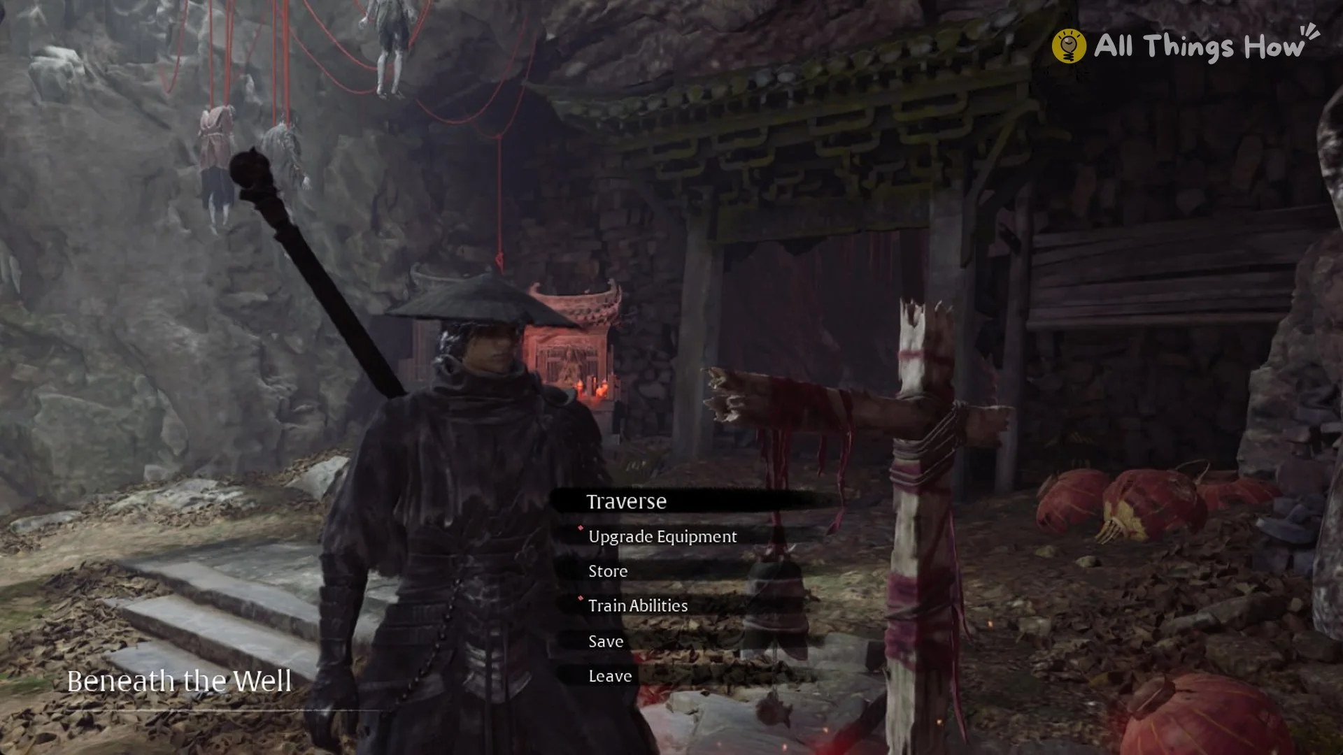 The Beneath the Well bell menu with Traverse, Upgrade Equipment, Store, Train Abilities, Save and Leave, Phantom Blade Zero