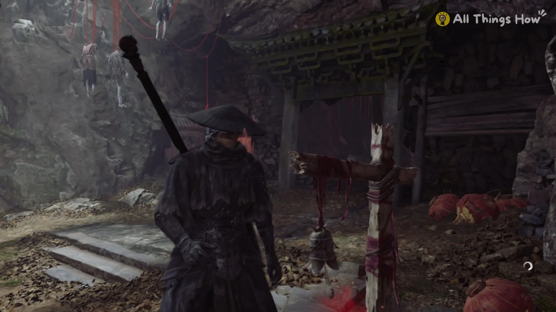 Soul at the Beneath the Well bell under puppets hanging on red threads, Phantom Blade Zero