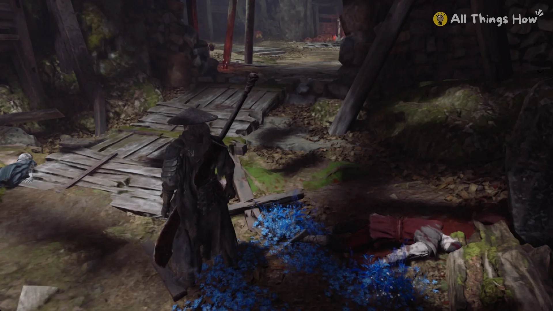 The plank path from the well landing toward the red-lit shrine chamber, Phantom Blade Zero