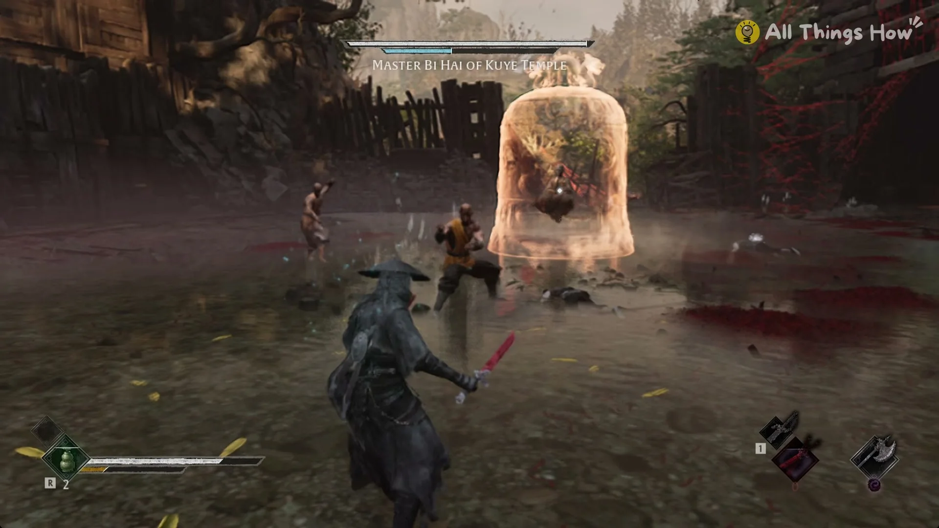 Master Bi Hai meditating inside a golden bell in his arena with bronze monks around him, Phantom Blade Zero