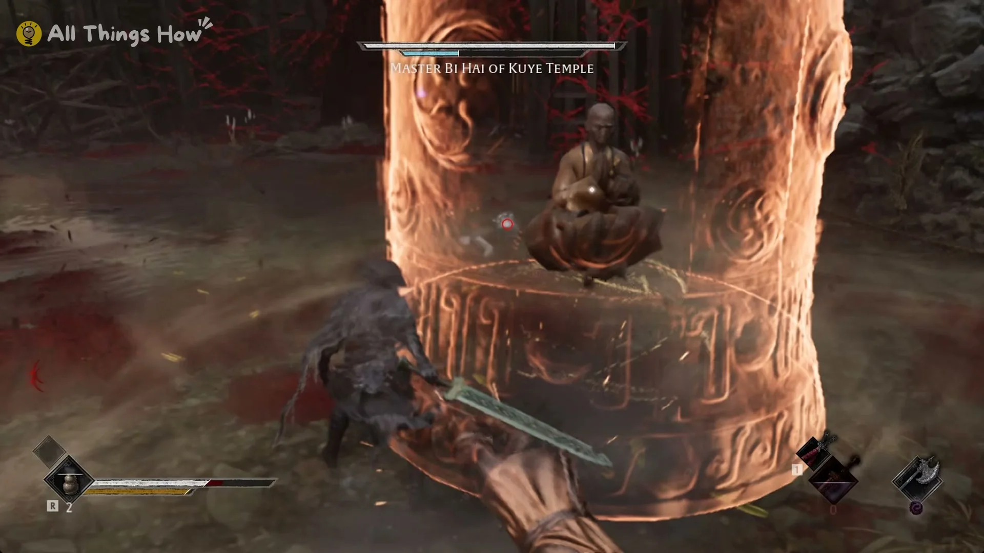 Soul cutting into the golden bell with the Tianxuan Bronze Sword while a monk attacks, Phantom Blade Zero