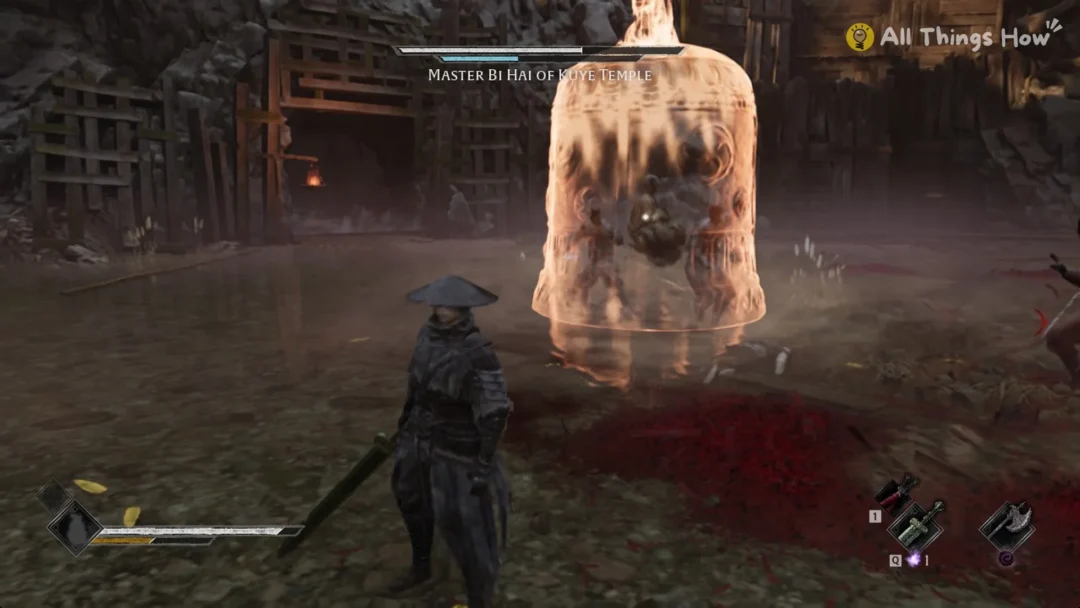 Soul facing Master Bi Hai's golden bell in the arena, Phantom Blade Zero