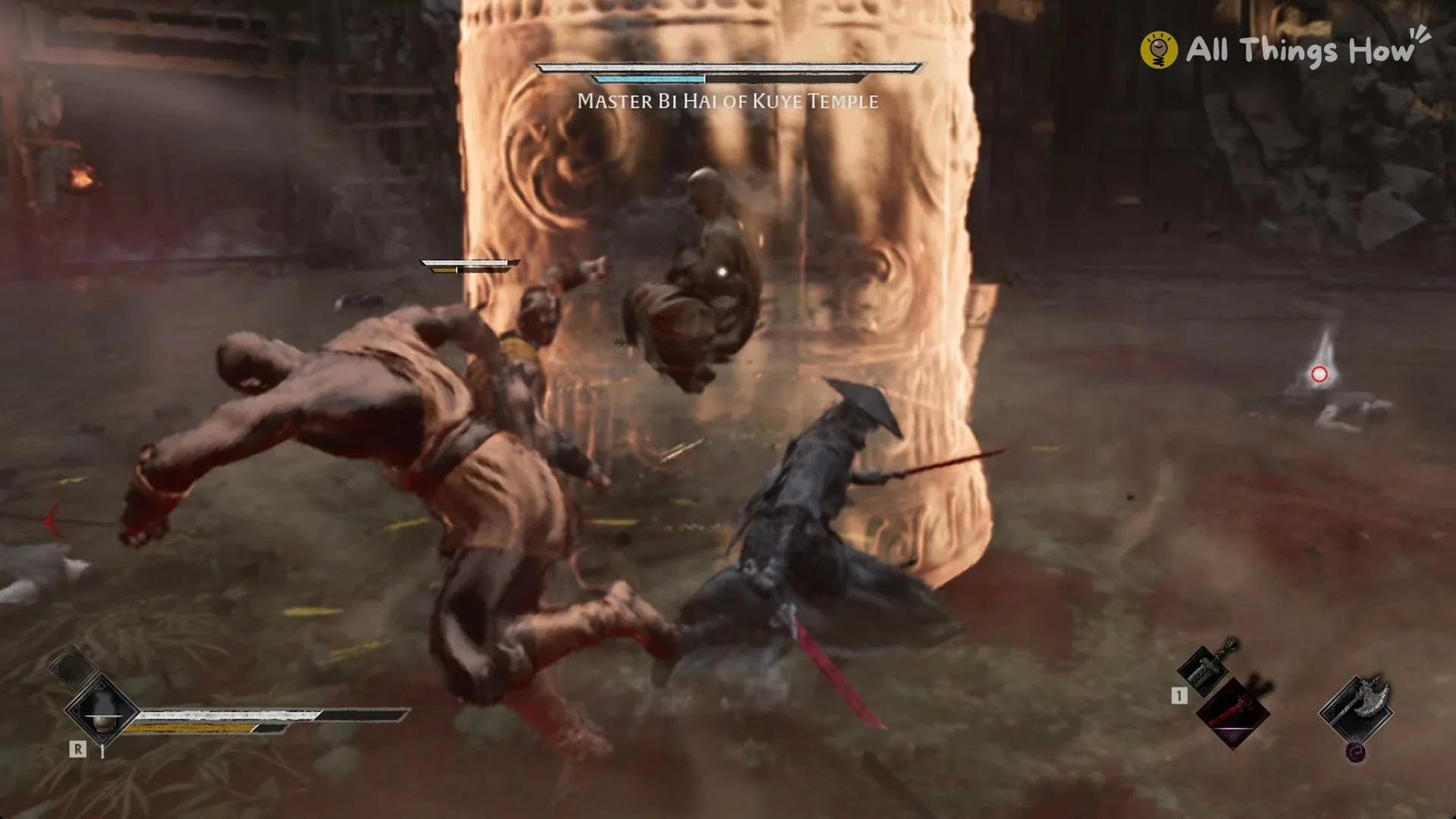 A bronze monk leaping in with a flying kick at Soul, Phantom Blade Zero