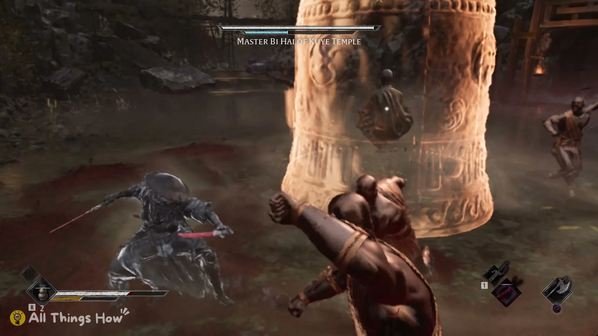 A bronze monk throwing a punch beside Master Bi Hai's golden bell, Phantom Blade Zero