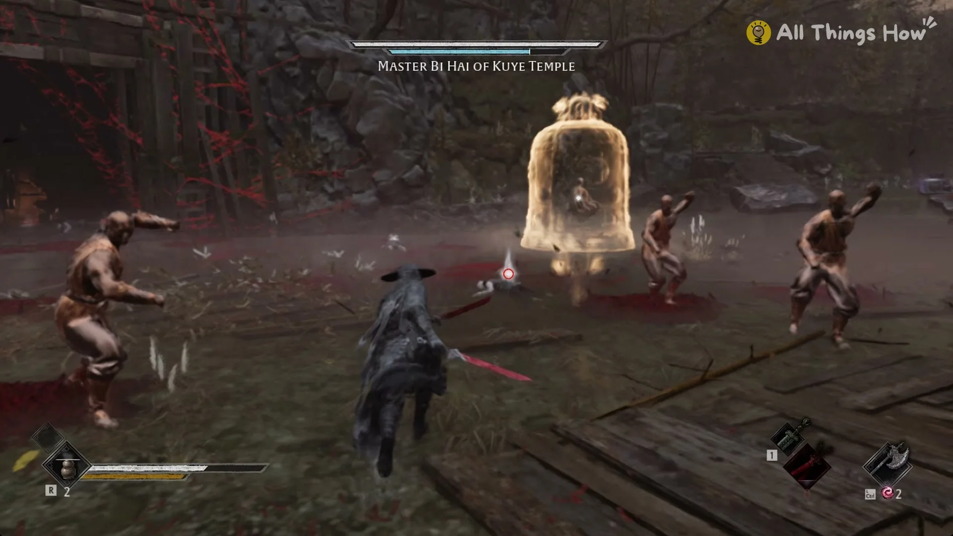 Three bronze monks closing in on Soul around Master Bi Hai's golden bell, Phantom Blade Zero