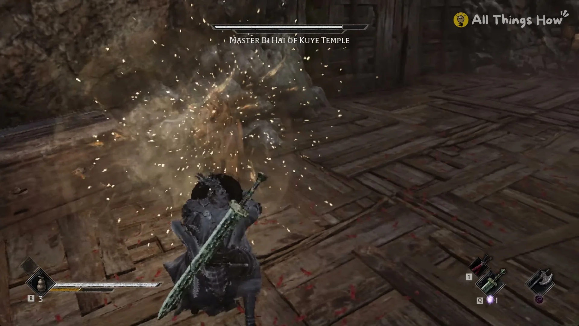 A golden burst from Master Bi Hai's fist strike hitting Soul, Phantom Blade Zero