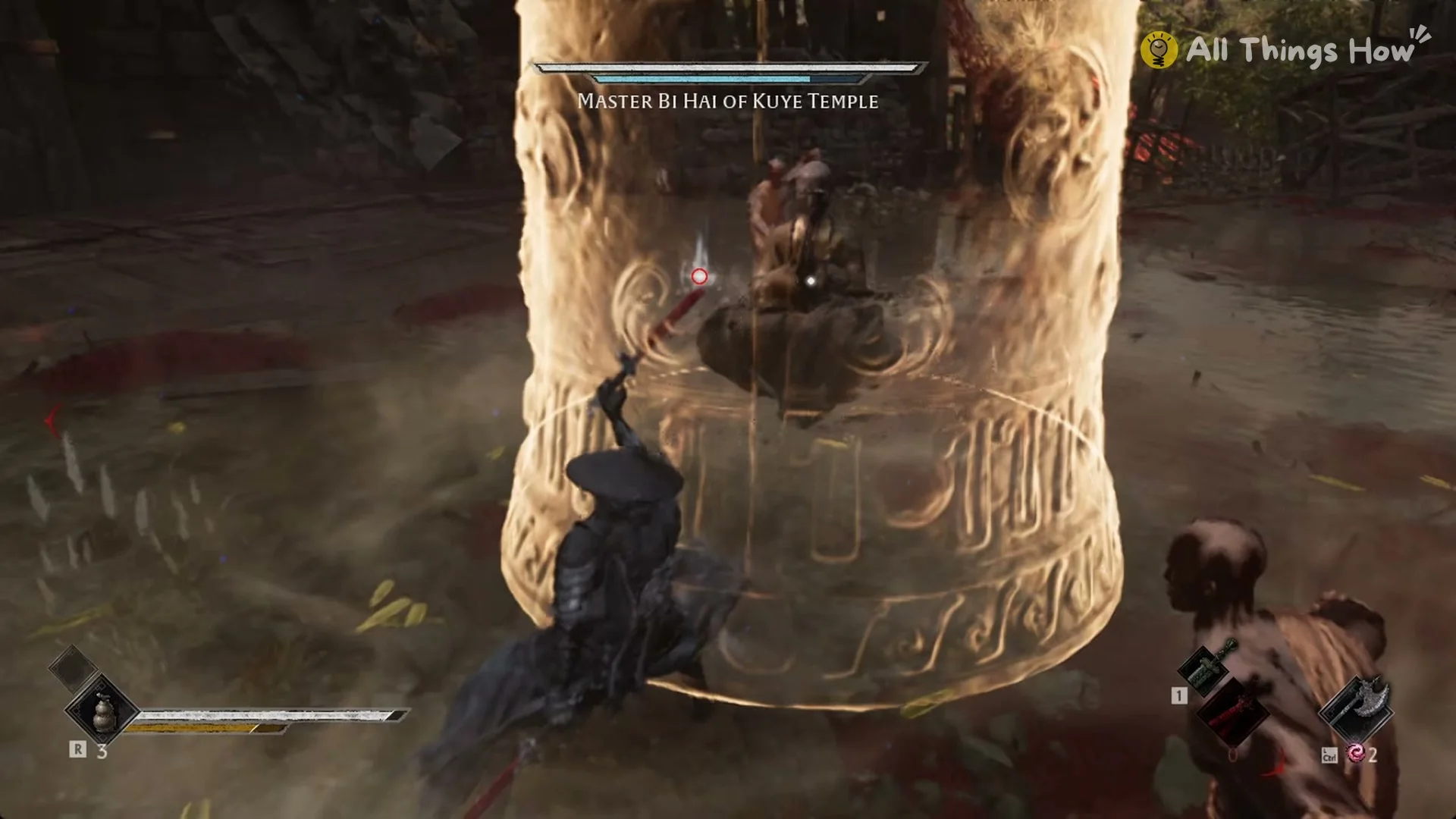 Soul attacking the golden bell that shields Master Bi Hai, Phantom Blade Zero