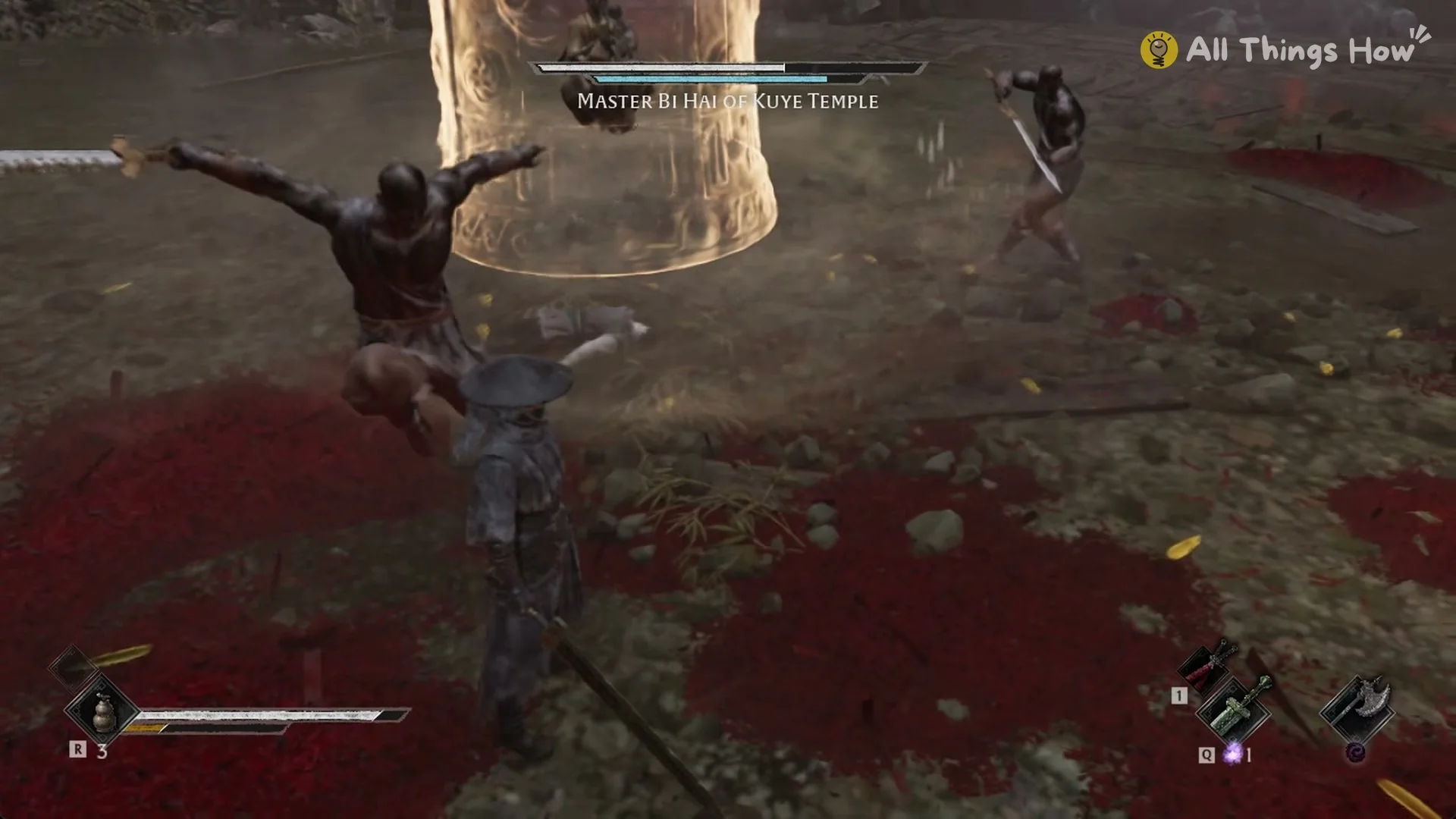 An iron monk leaping at Soul with a raised blade, Phantom Blade Zero