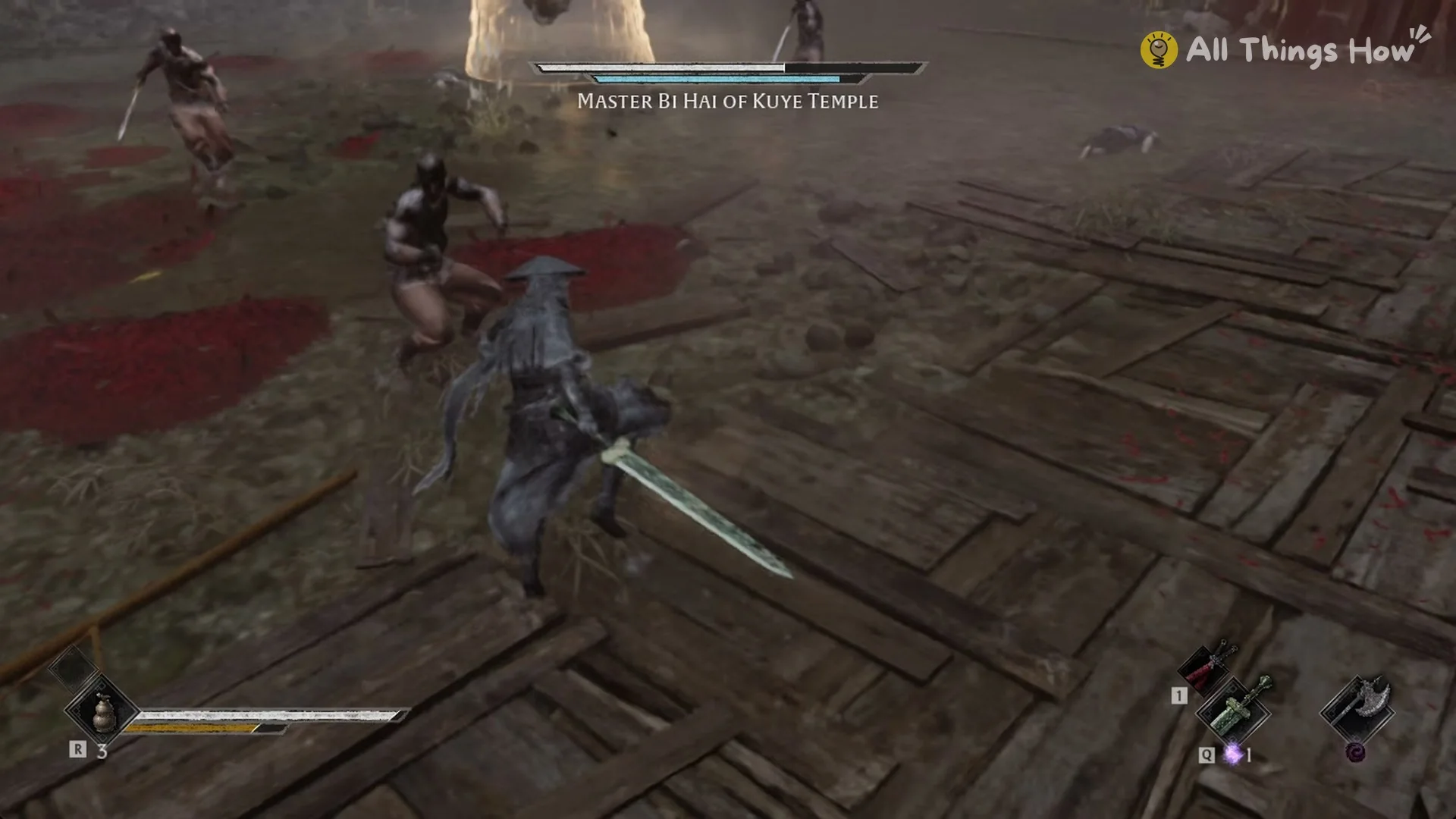 Iron monks with ring blades attacking Soul in Master Bi Hai's arena, Phantom Blade Zero