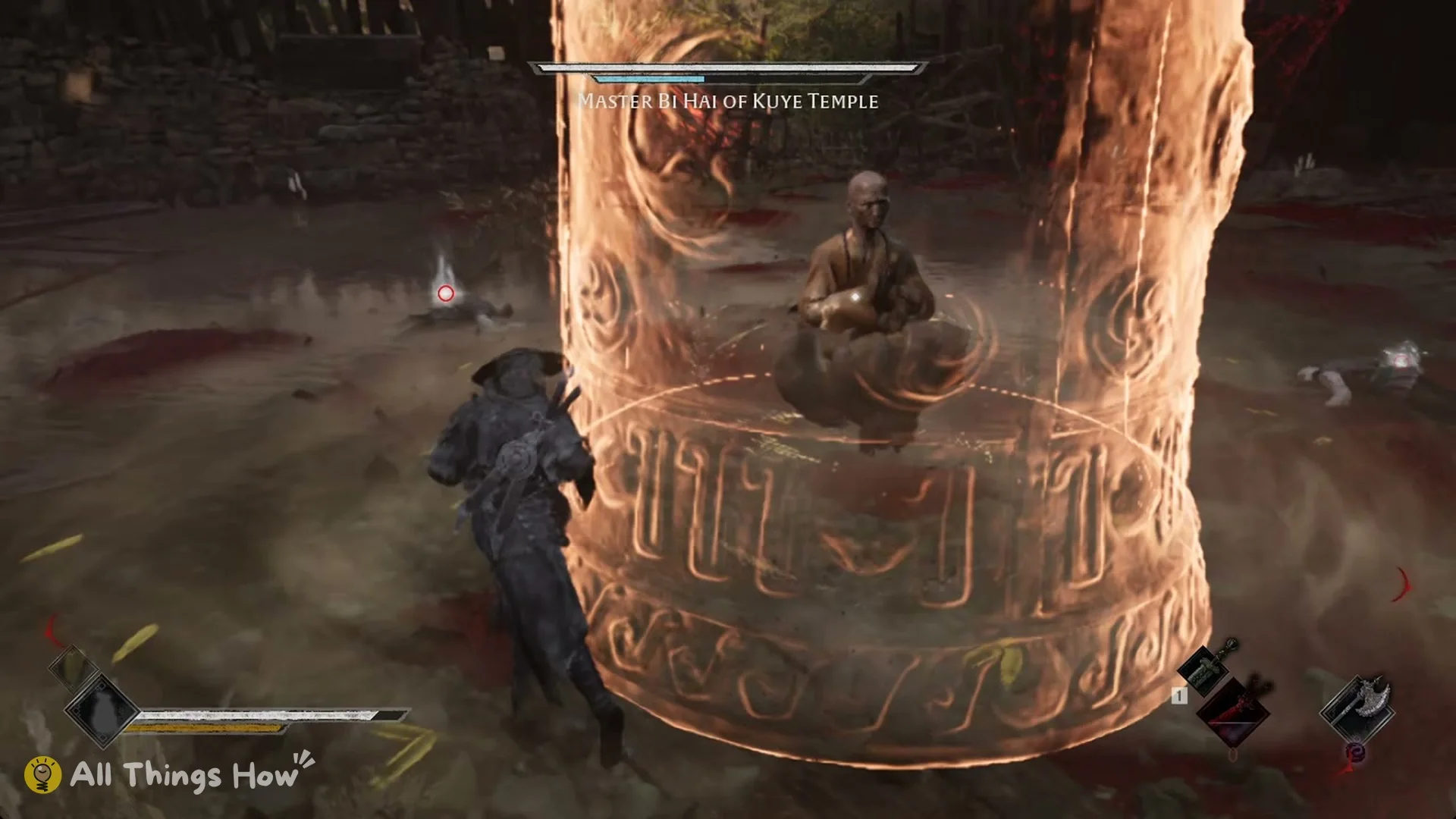 Master Bi Hai of Kuye Temple sitting inside his golden bell, Phantom Blade Zero