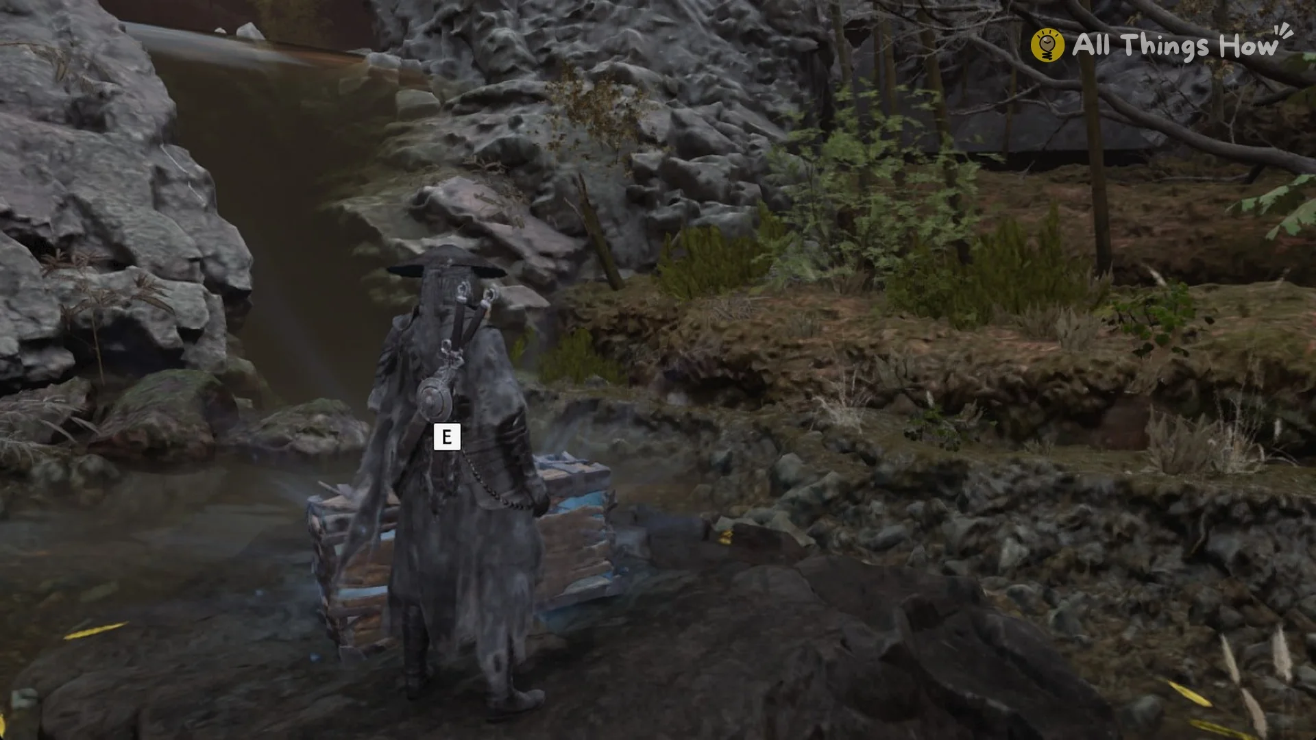 Soul at the wooden chest by the waterfall pool with the E prompt, Phantom Blade Zero