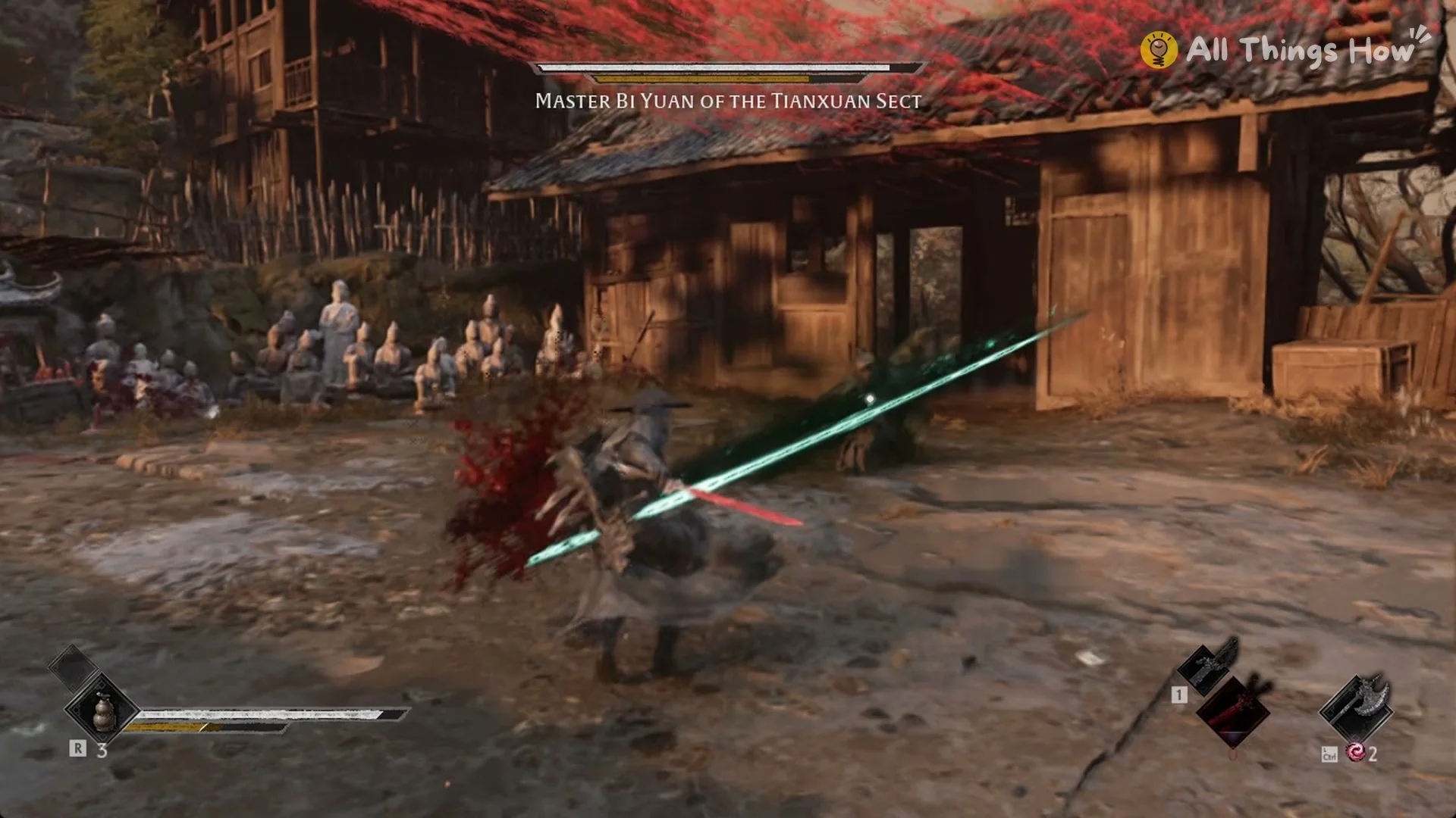 A teal slash flying at Soul from Master Bi Yuan at range, Phantom Blade Zero