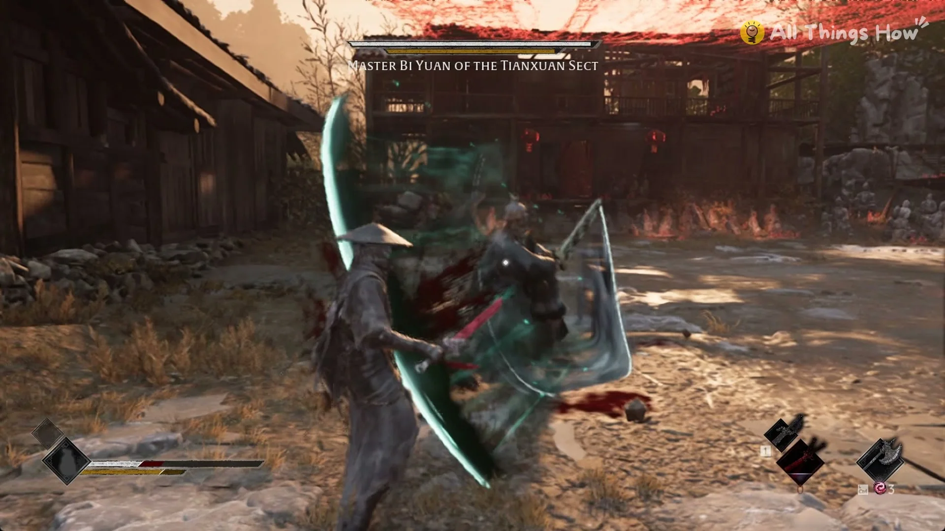 Teal blade arcs forming around Soul from Master Bi Yuan's ranged attack, Phantom Blade Zero