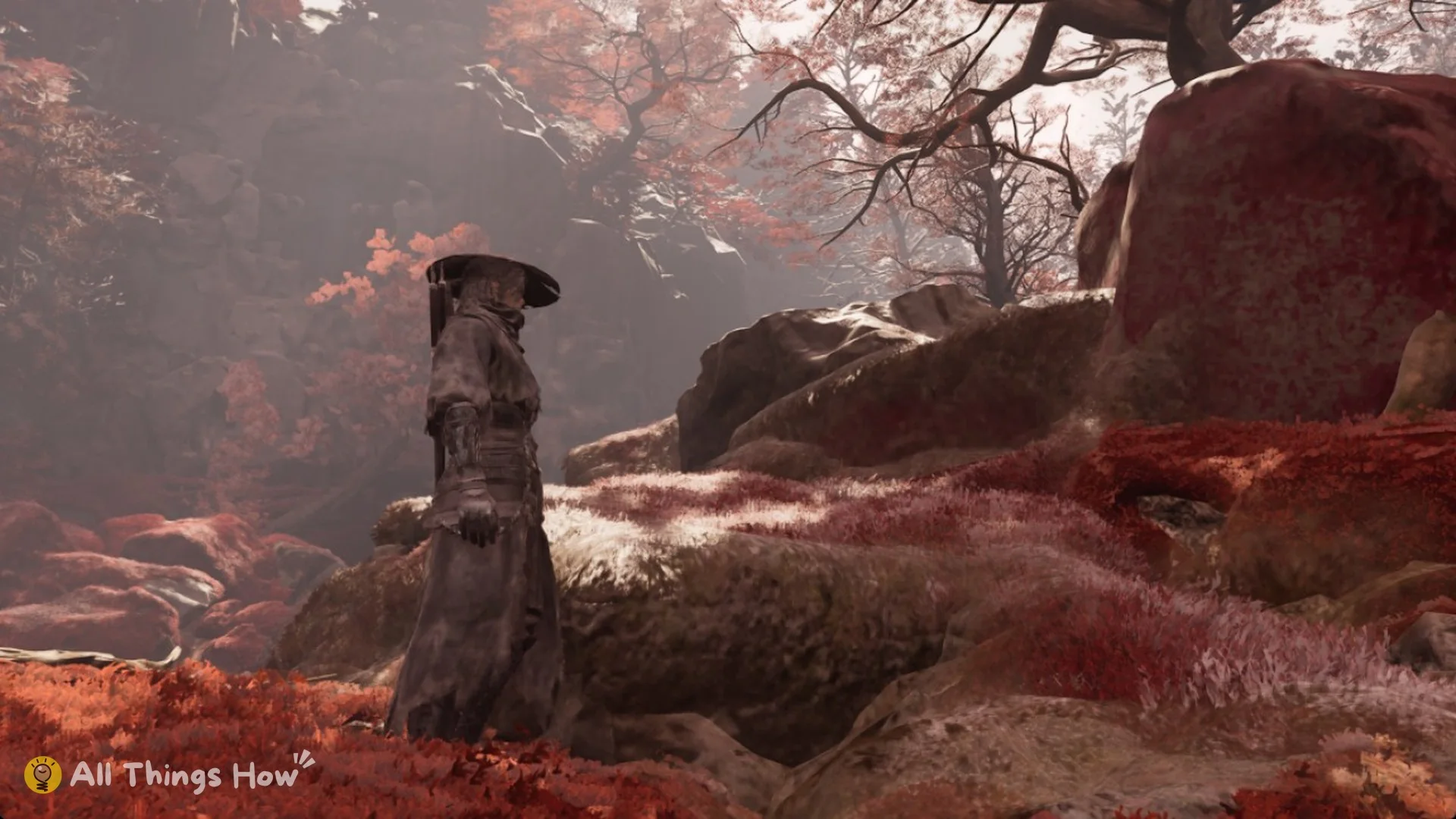 Soul among red-leaf rocks in the Crimson Forest in Phantom Blade Zero