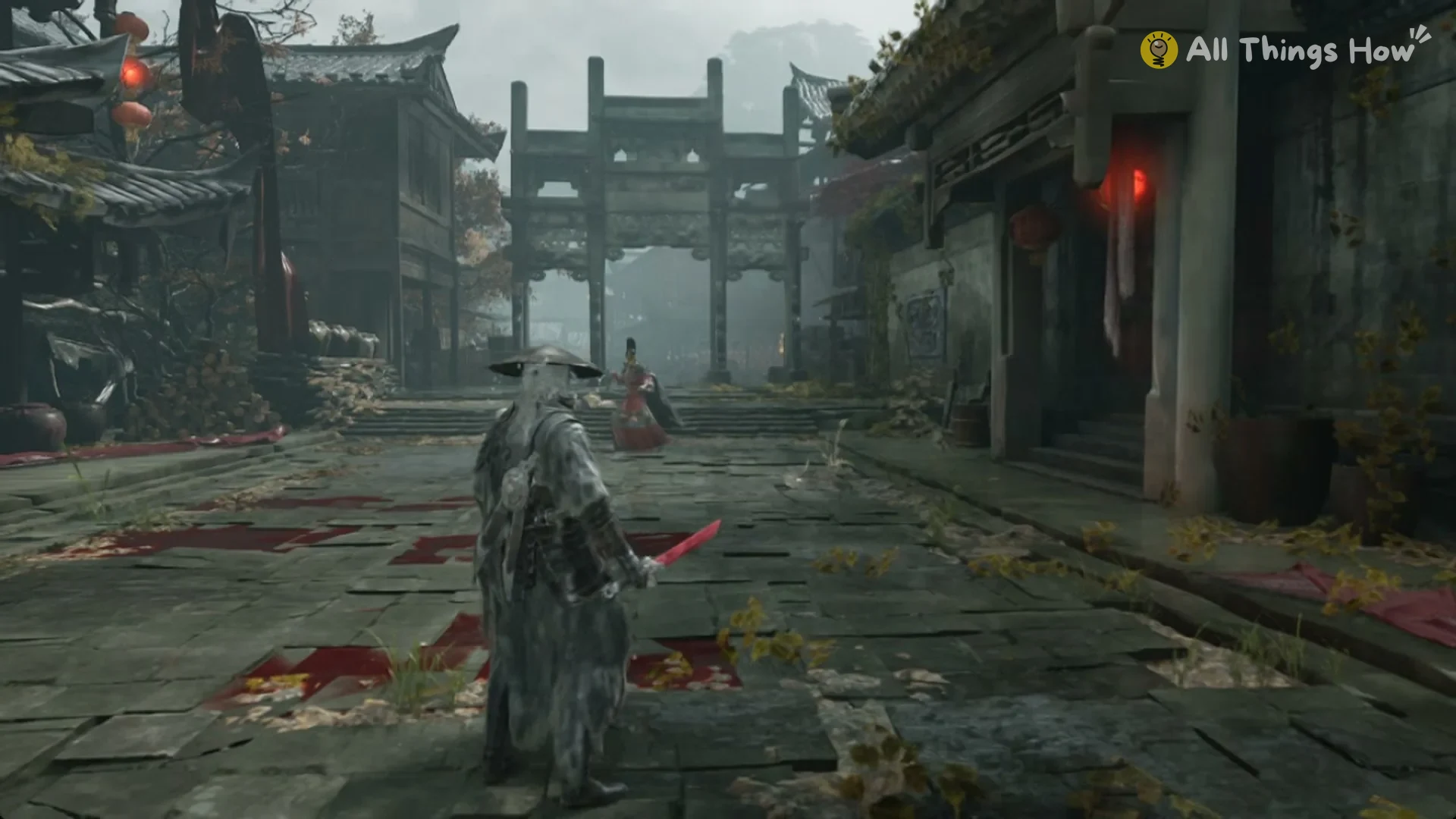 Blaze waiting in the stone street of central Pangzhen before the carved gate, Phantom Blade Zero