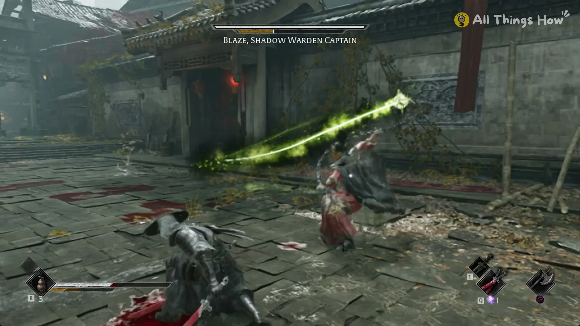 Blaze lashing his censer chain in a green fire trail from range, Phantom Blade Zero