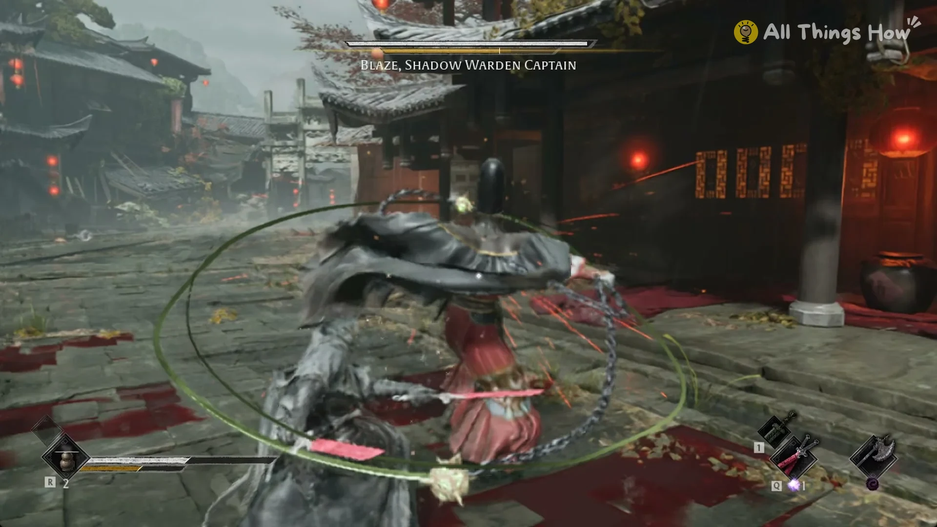 Blaze whirling his censer chain in a green ring at close range, Phantom Blade Zero