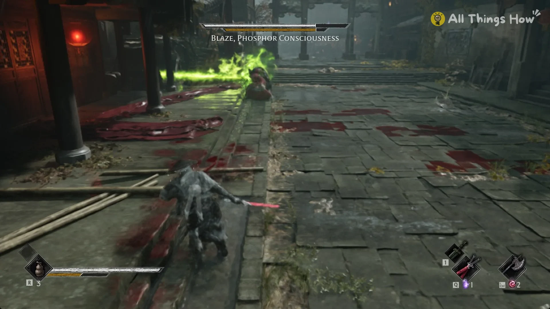 A long green flame streak from Blaze, Phosphor Consciousness down the street, Phantom Blade Zero