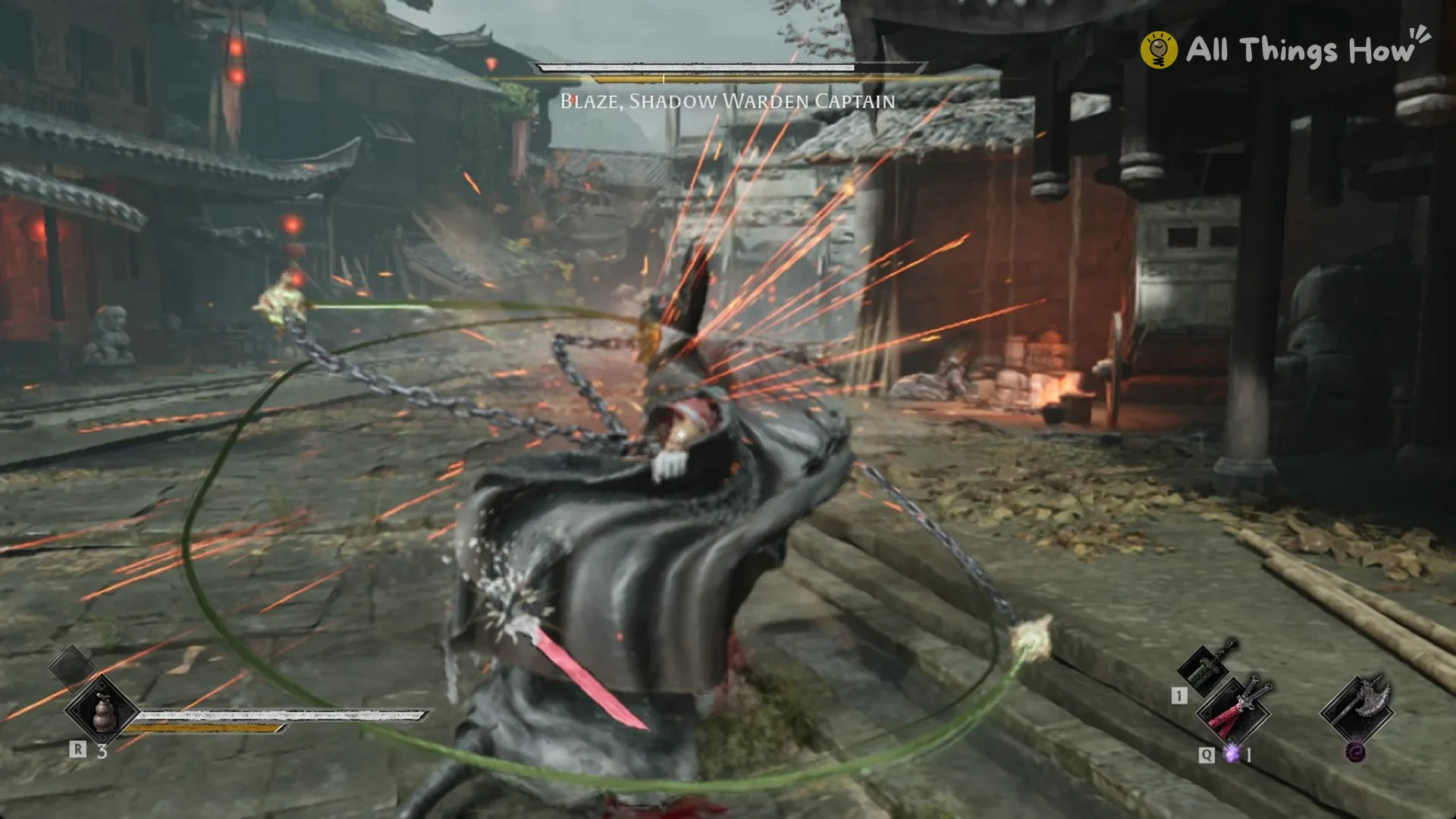 Blaze spinning his chain in a sweep with red sparks, Phantom Blade Zero
