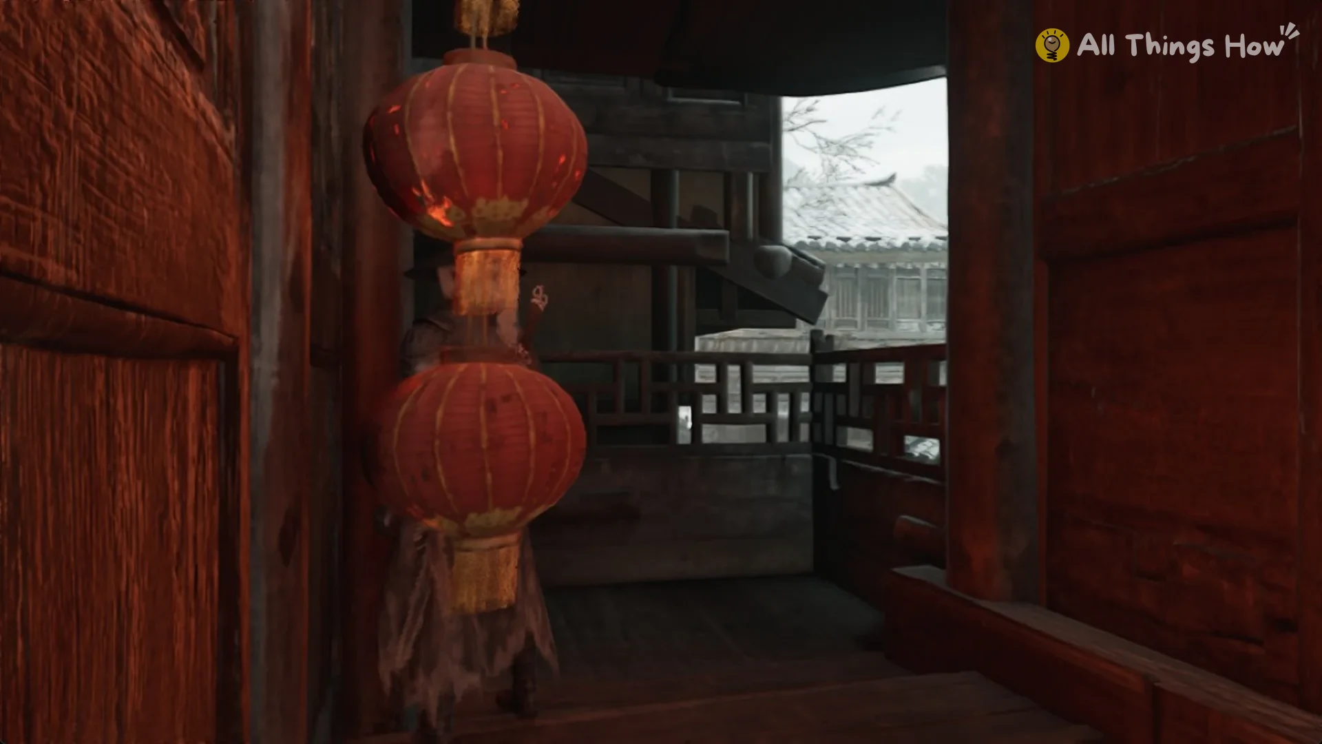 Red lanterns hanging beside a red wooden door, Phantom Blade Zero
