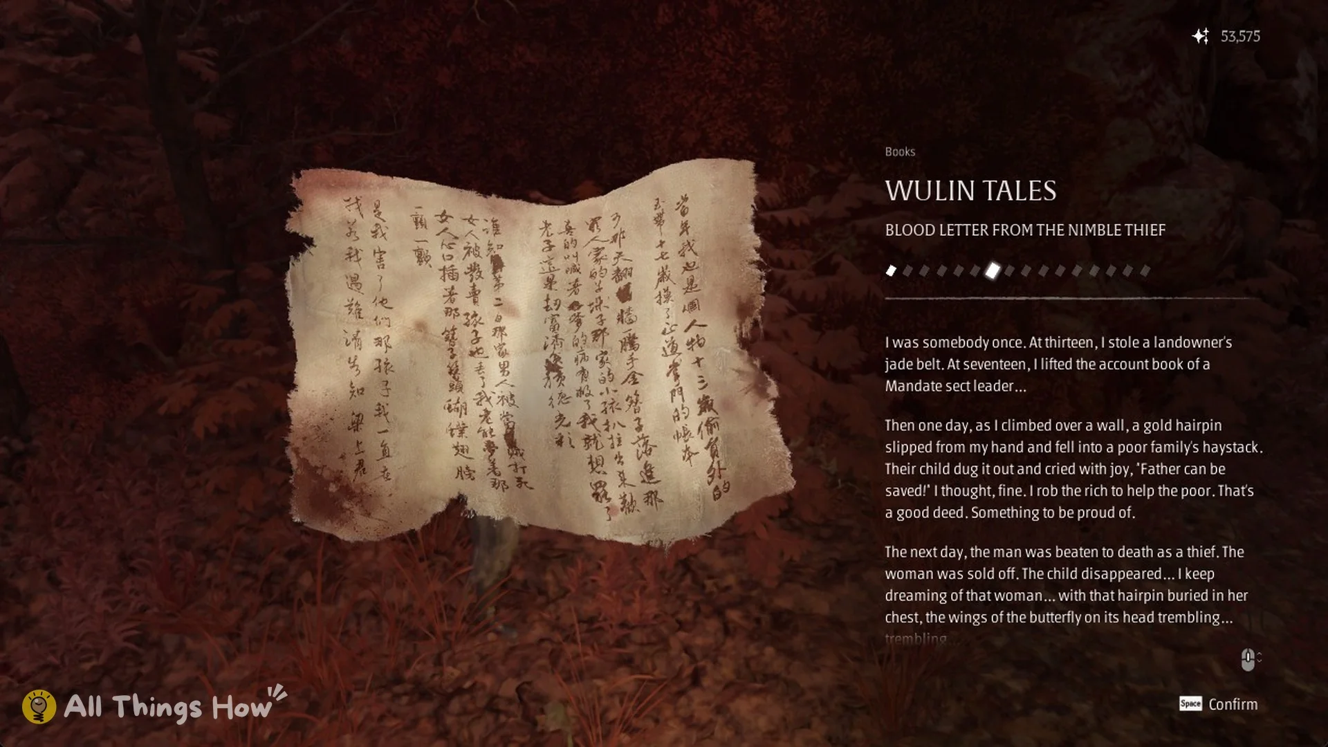 Wulin Tales book card for the Blood Letter from the Nimble Thief in Phantom Blade Zero