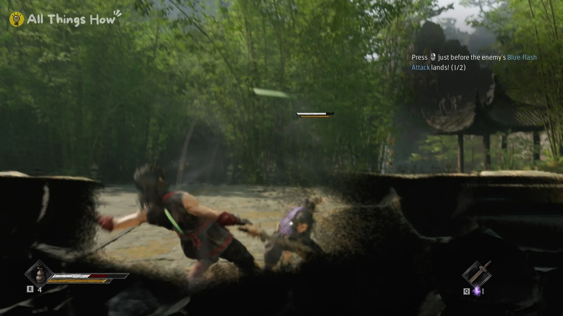 Phantom Blade Zero heroine parrying a Blue-flash attack with the counter at 1 of 2