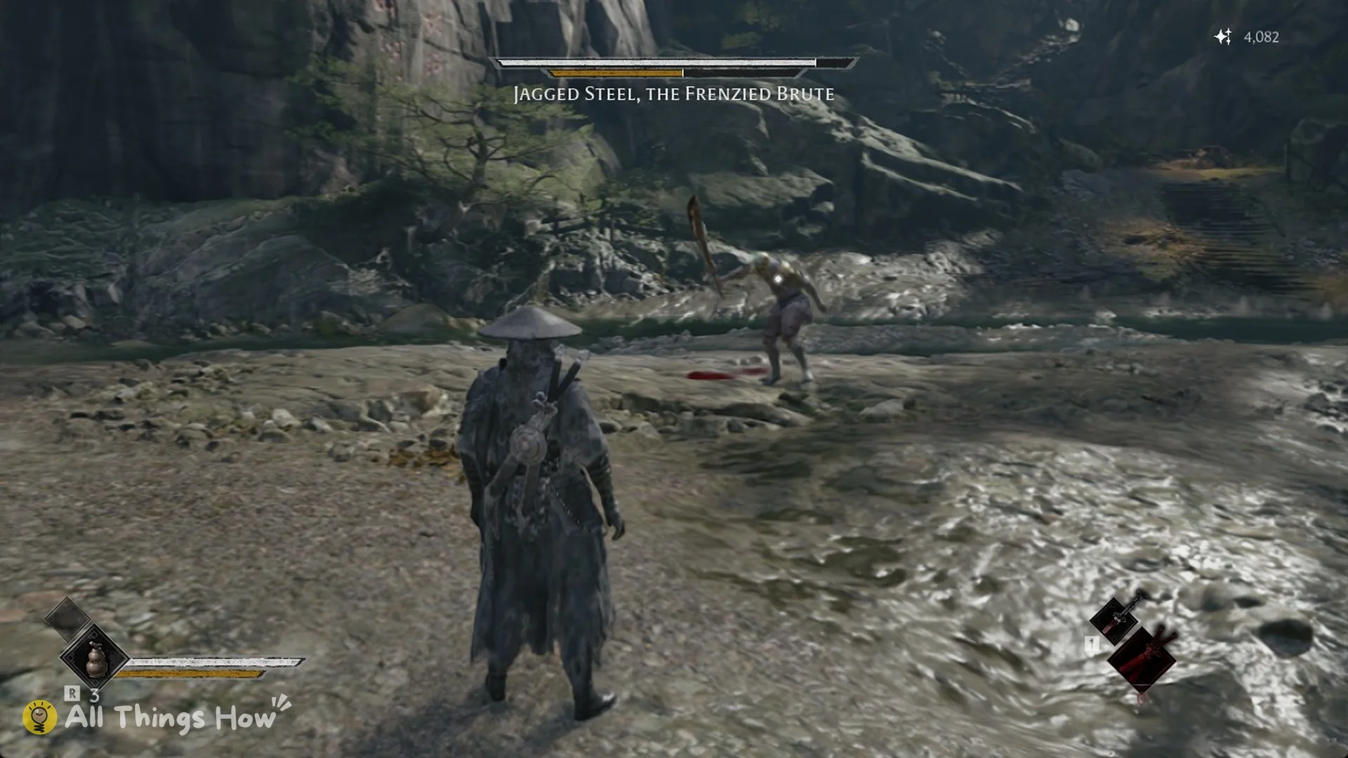 Jagged Steel, the Frenzied Brute boss bar in the riverbed below Rustblade Pavilion in Phantom Blade Zero