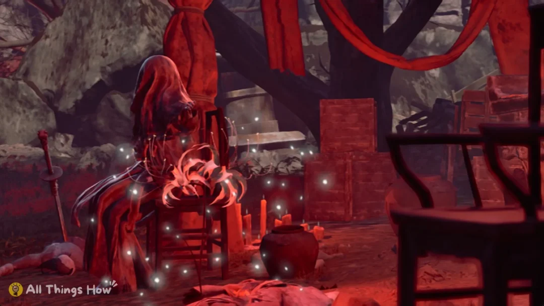 Hua, Deadly Betrothed seated among red spider lilies in Phantom Blade Zero