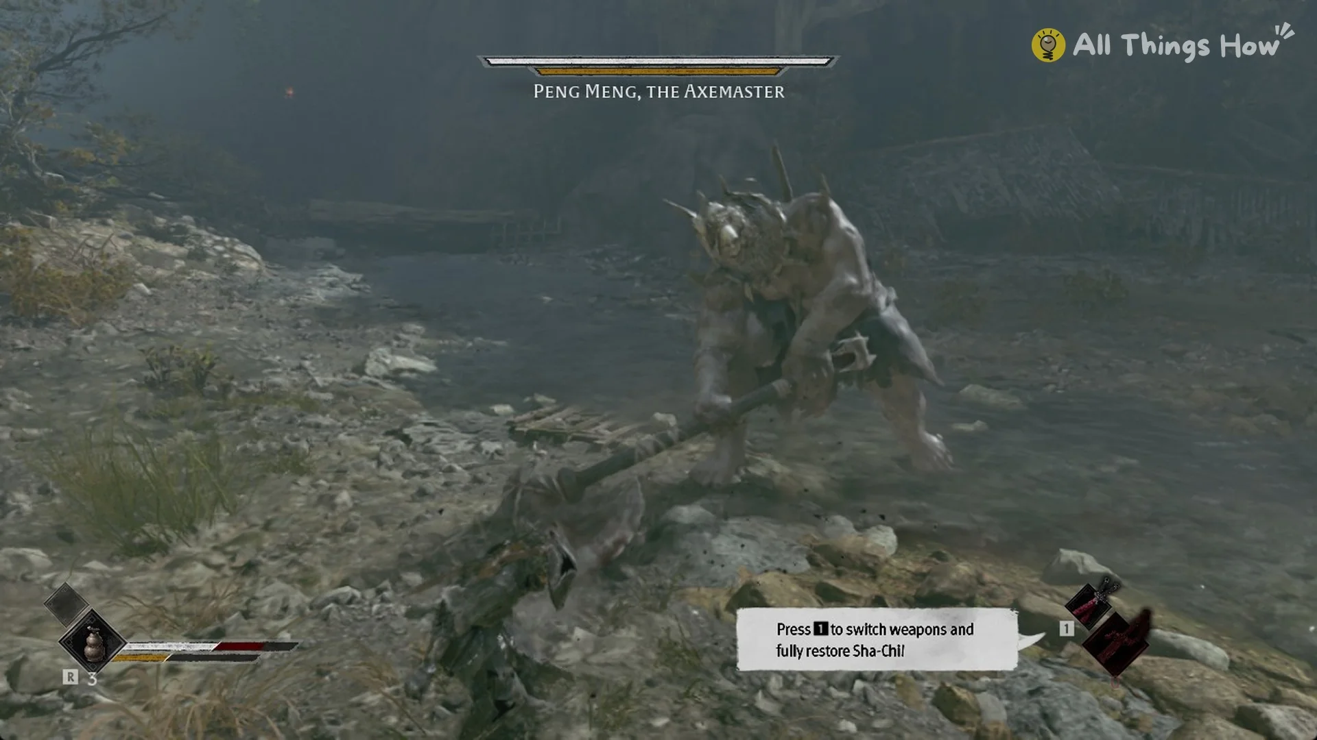 Peng Meng, the Axemaster boss bar by the river in Phantom Blade Zero