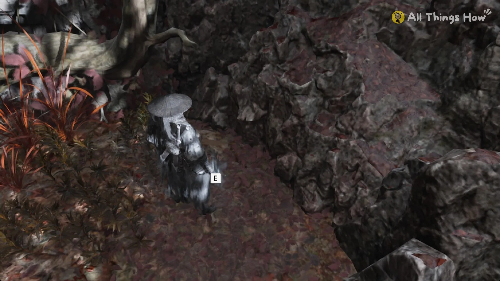 Soul by the rock wall and mossy tree root with the E prompt for Broadplate Metal, Phantom Blade Zero